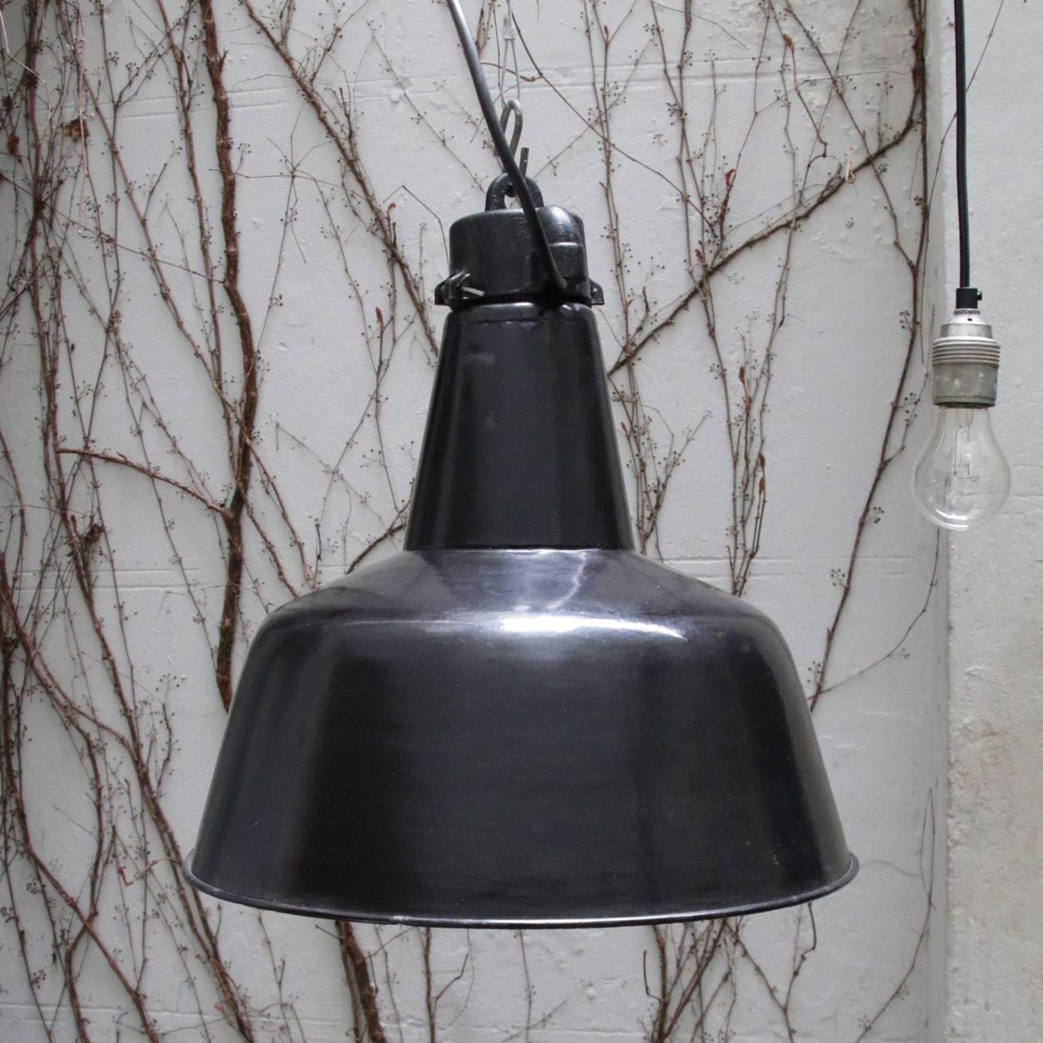 Czech Bauhaus Black Enamel Vintage Industrial Pendant Light