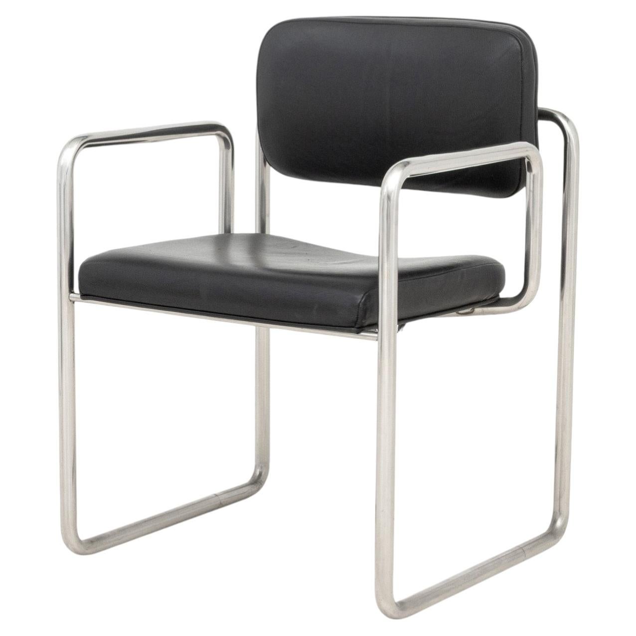 Bauhaus Black Leather Upholstered Chrome Arm Chair