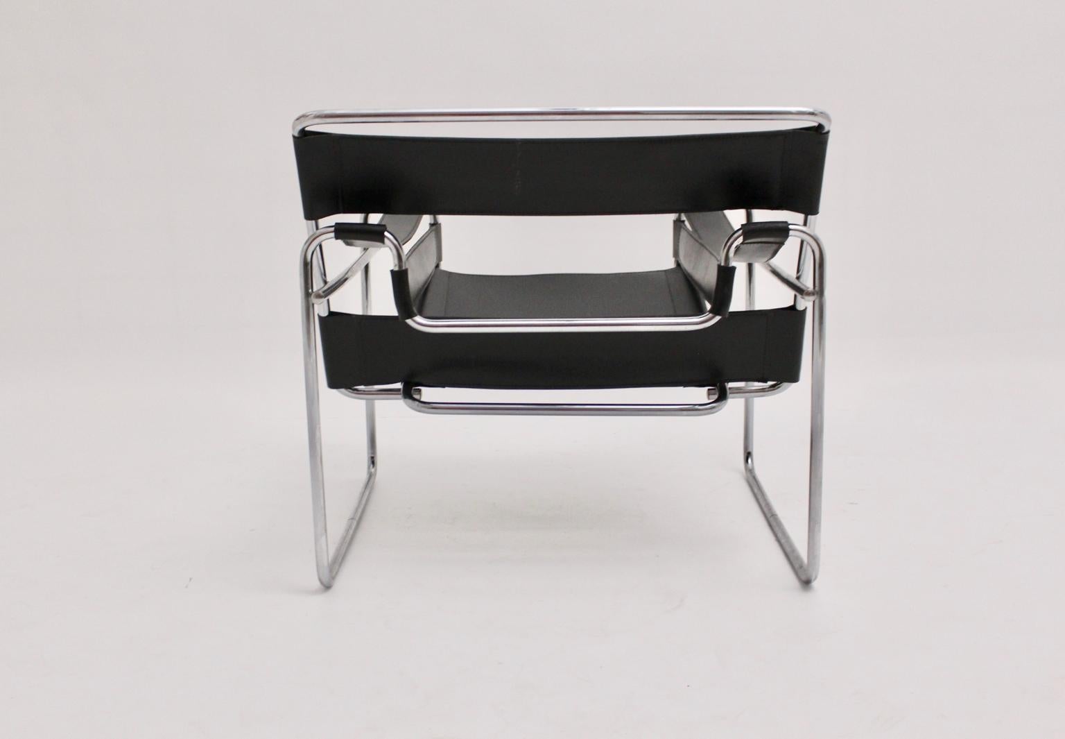 Silla de salón vintage de cuero negro Bauhaus Wassily de Marcel Breuer Alemania Metal en venta