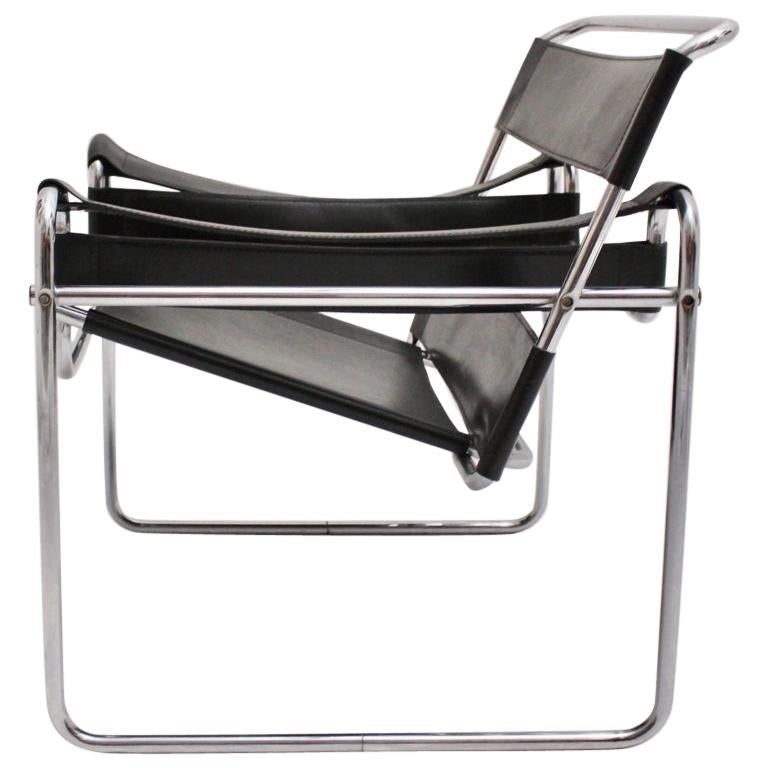 Bauhaus Black Leather Vintage Lounge Chair Wassily by Marcel Breuer Germany