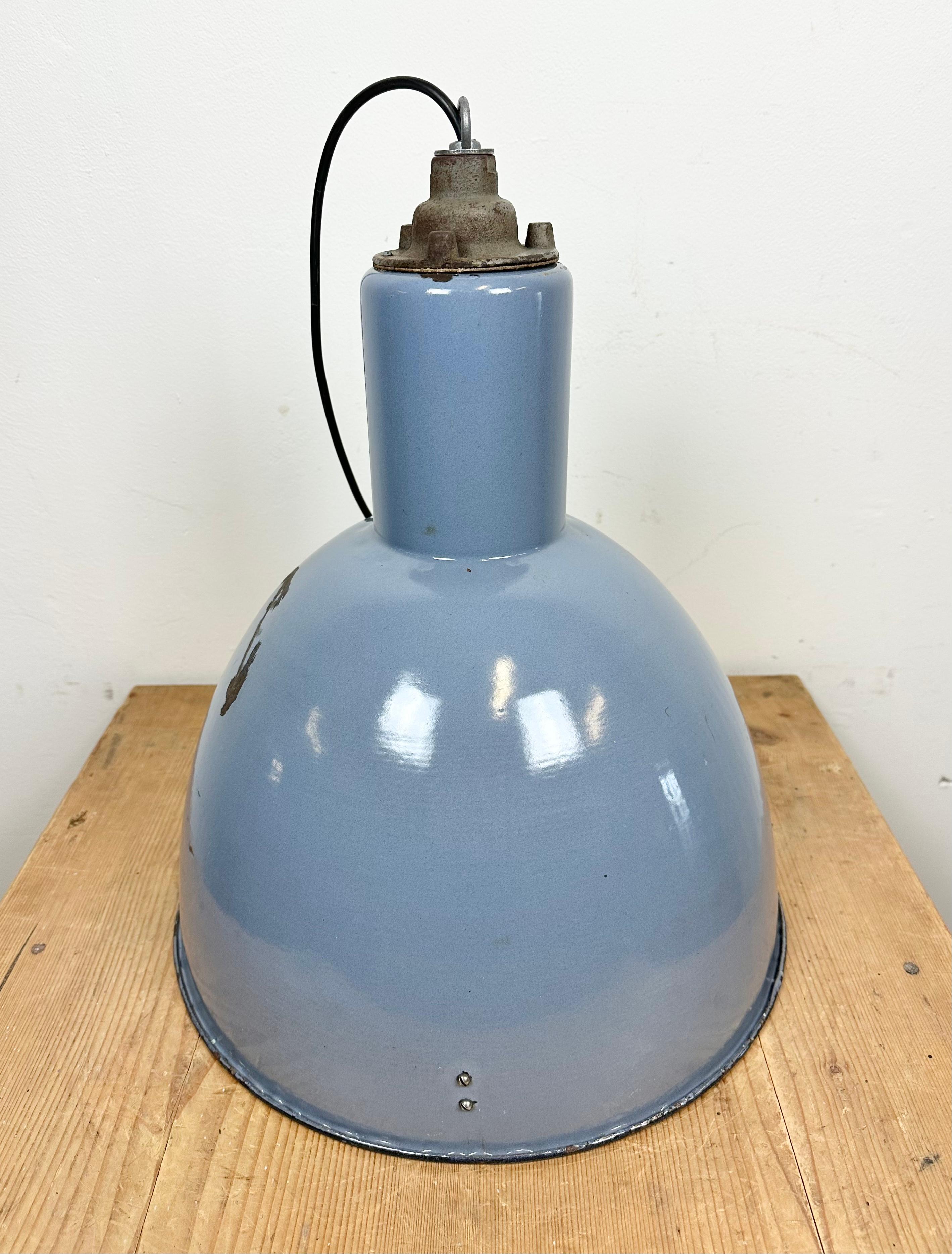 Bauhaus Blue Enamel Industrial Pendant Lamp, 1950s For Sale 5