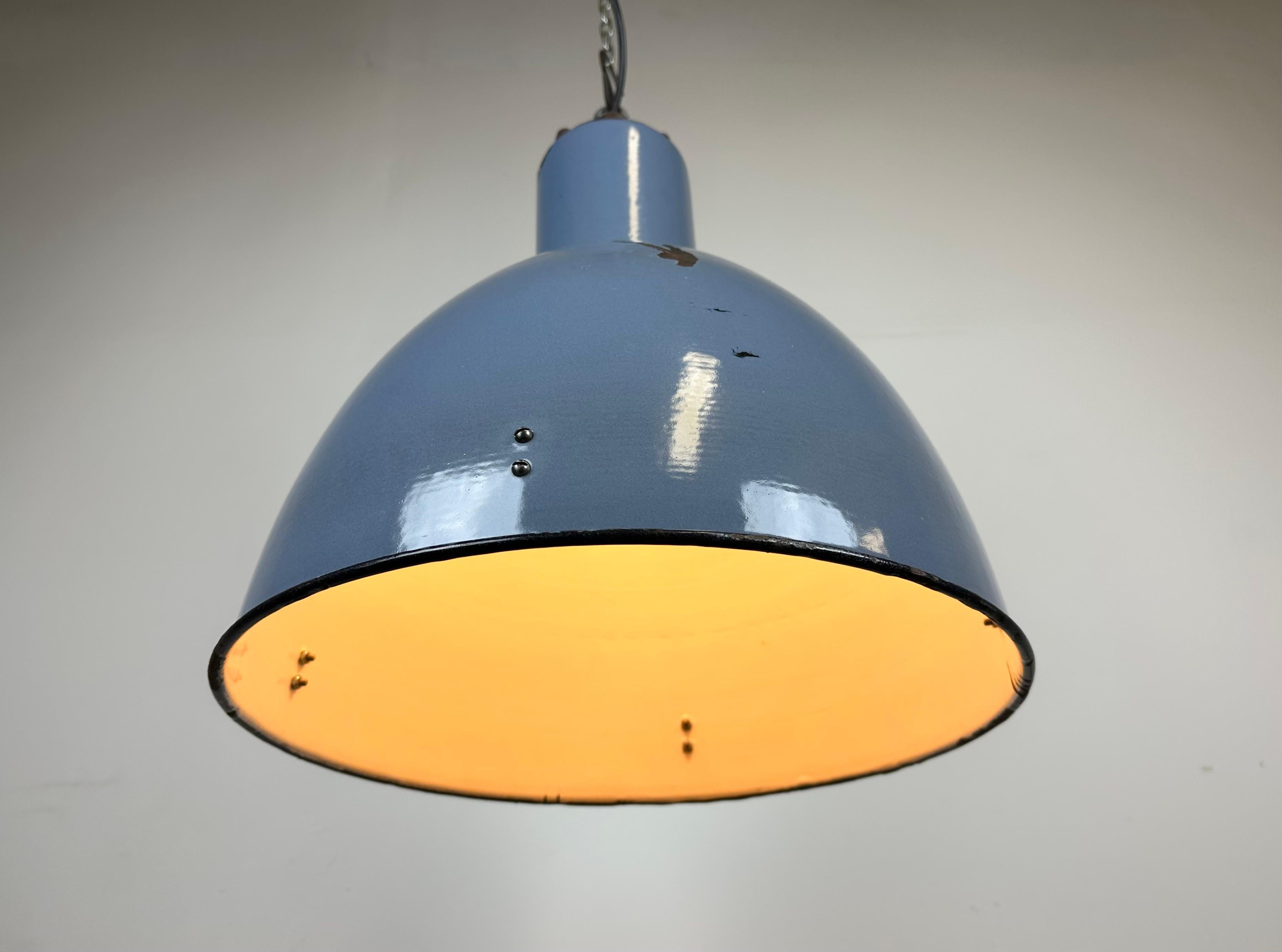 Bauhaus Blue Enamel Industrial Pendant Lamp, 1950s For Sale 8