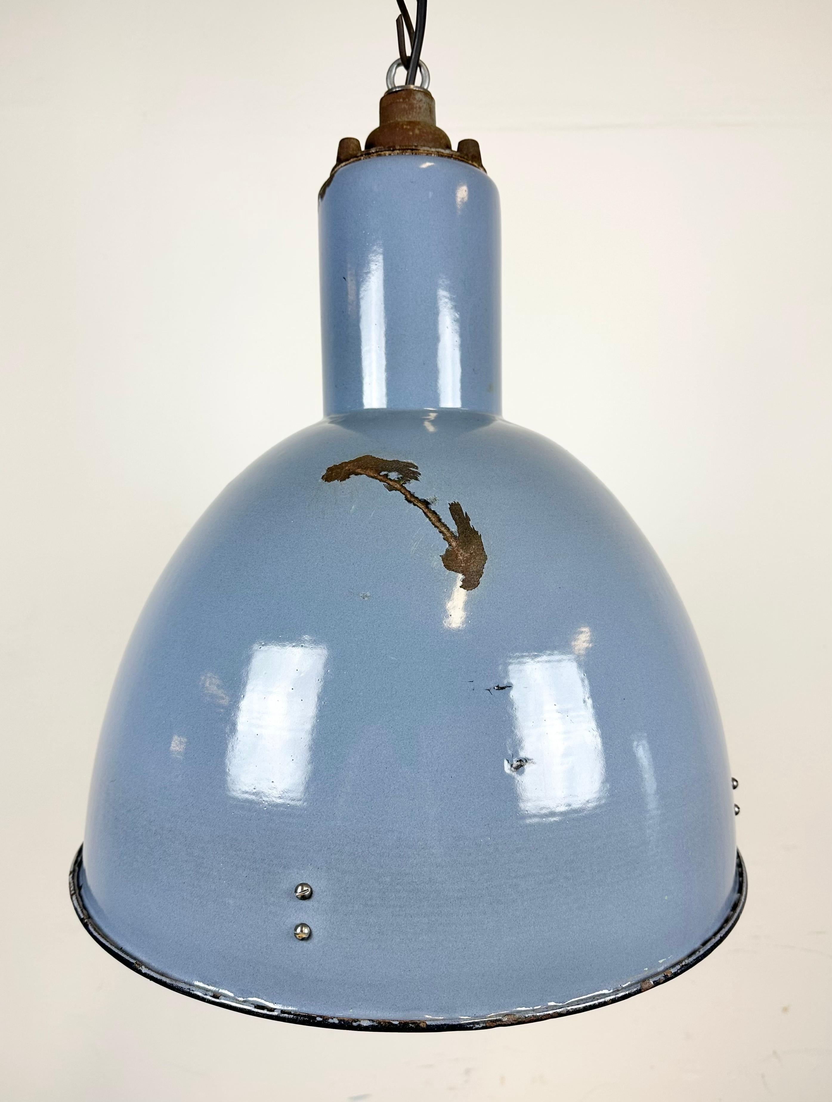 Czech Bauhaus Blue Enamel Industrial Pendant Lamp, 1950s For Sale