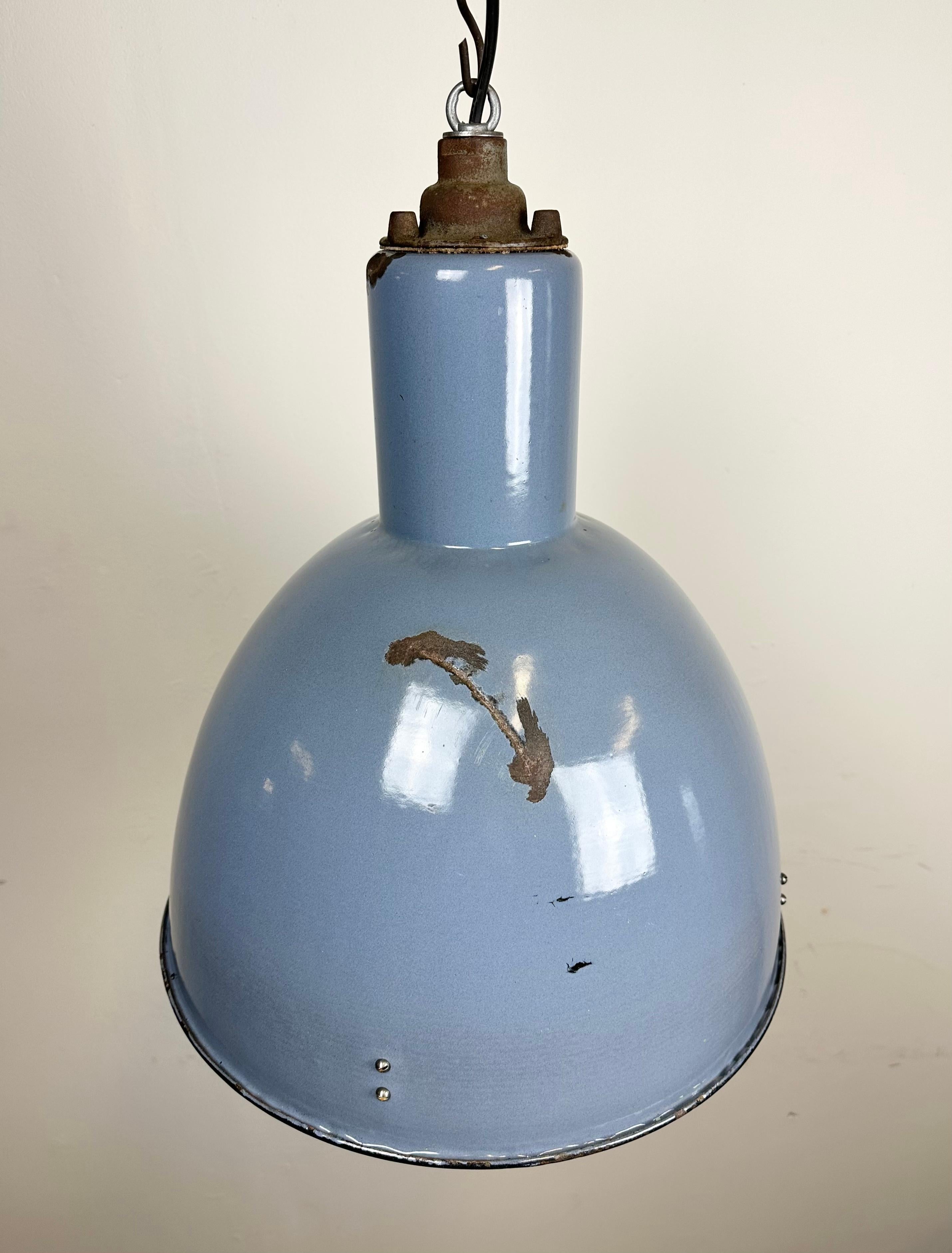 Bauhaus Blue Enamel Industrial Pendant Lamp, 1950s For Sale 1