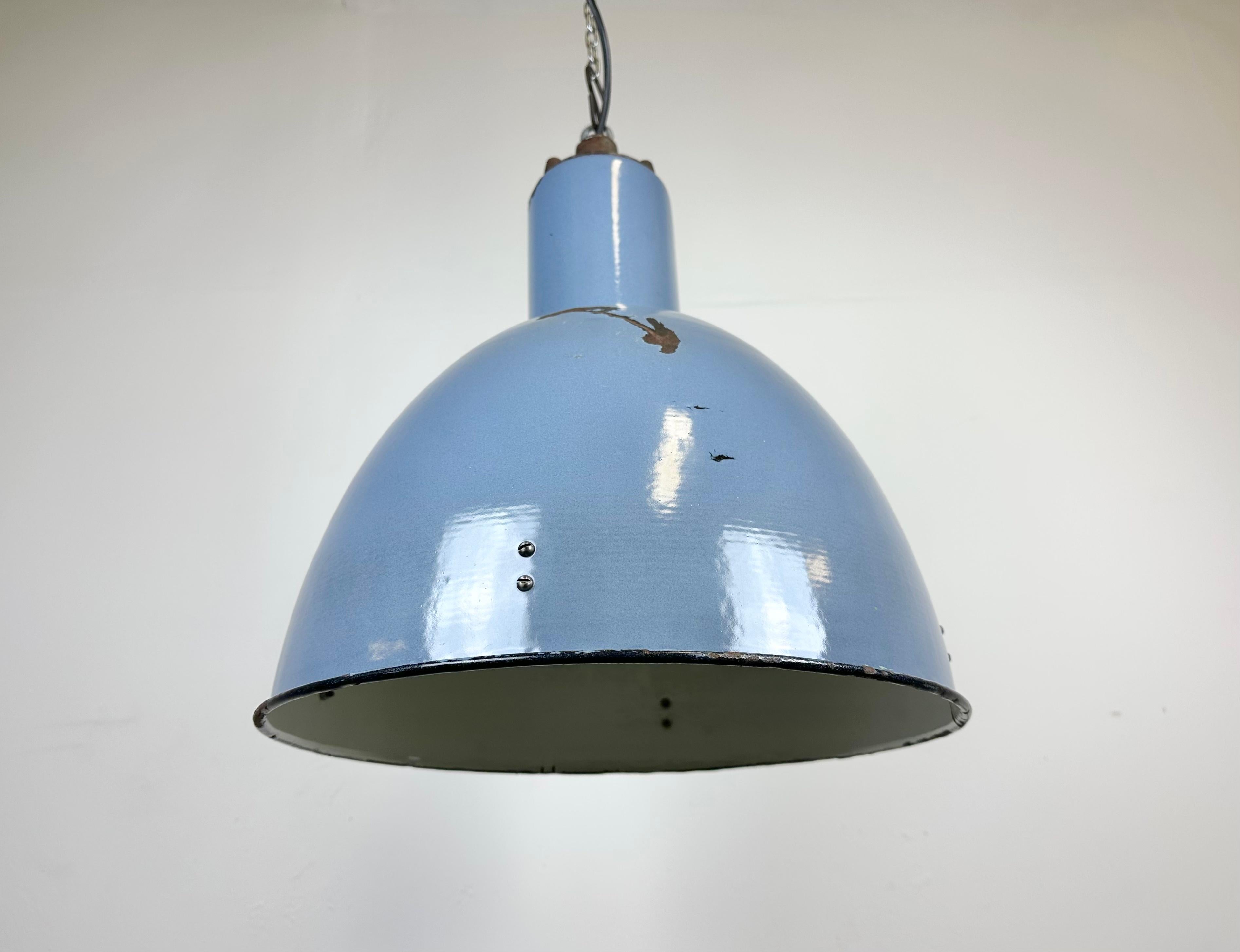 Bauhaus Blue Enamel Industrial Pendant Lamp, 1950s For Sale 2