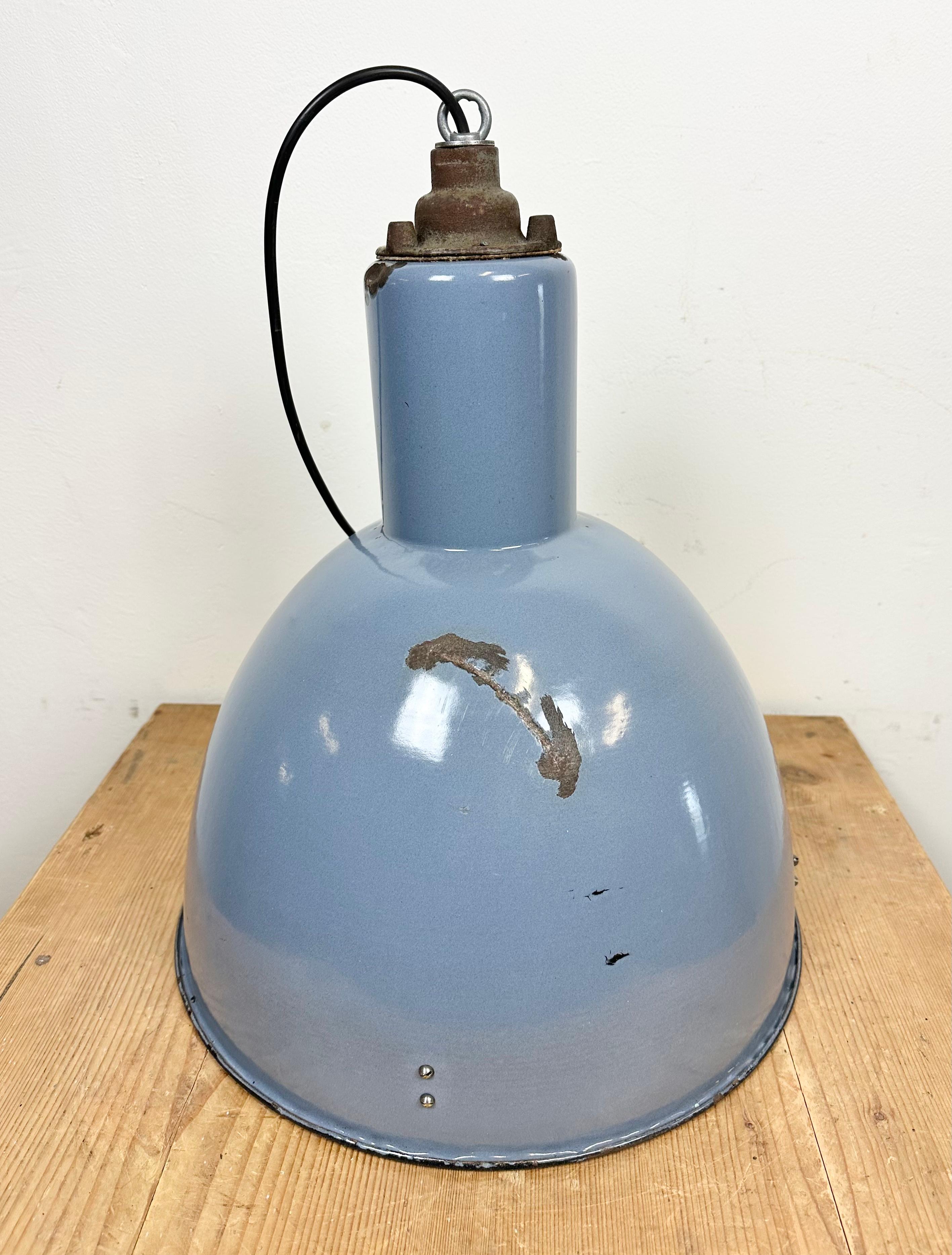 Bauhaus Blue Enamel Industrial Pendant Lamp, 1950s For Sale 4