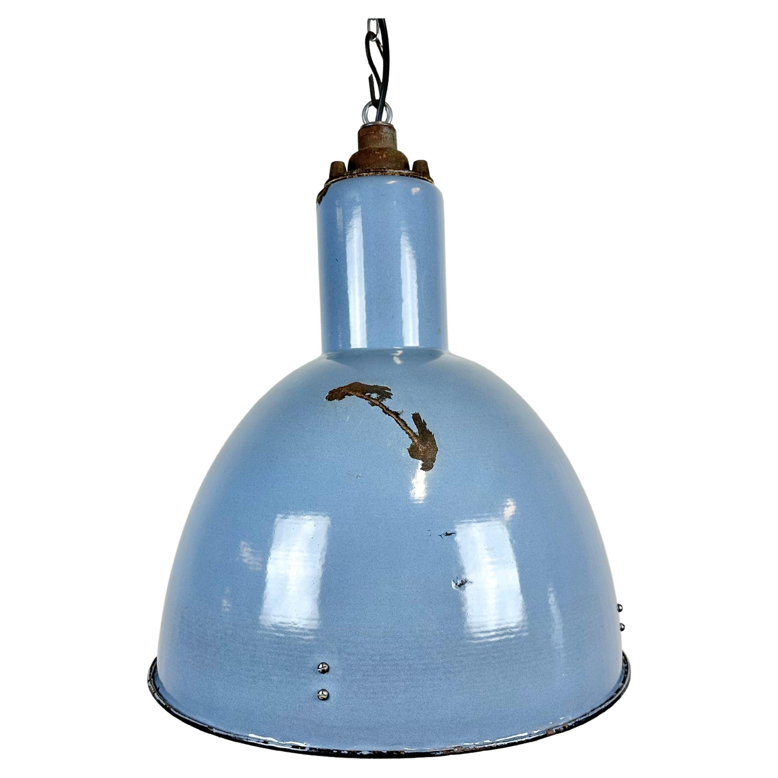 Bauhaus Blue Enamel Industrial Pendant Lamp, 1950s For Sale