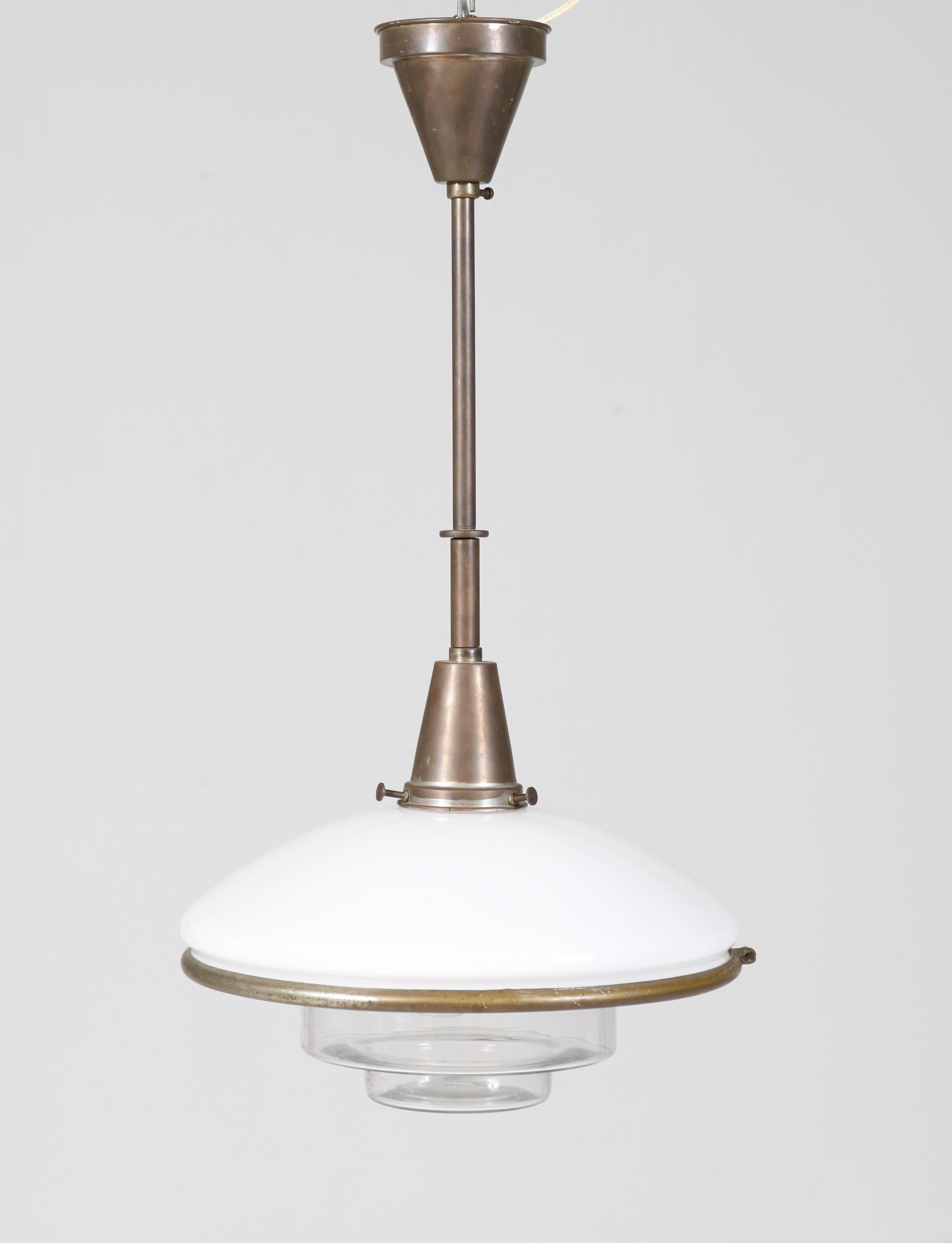 German Bauhaus Brass and Opaline Pendant Lamp by Otto Müller for Sistrah Licht, 1930s