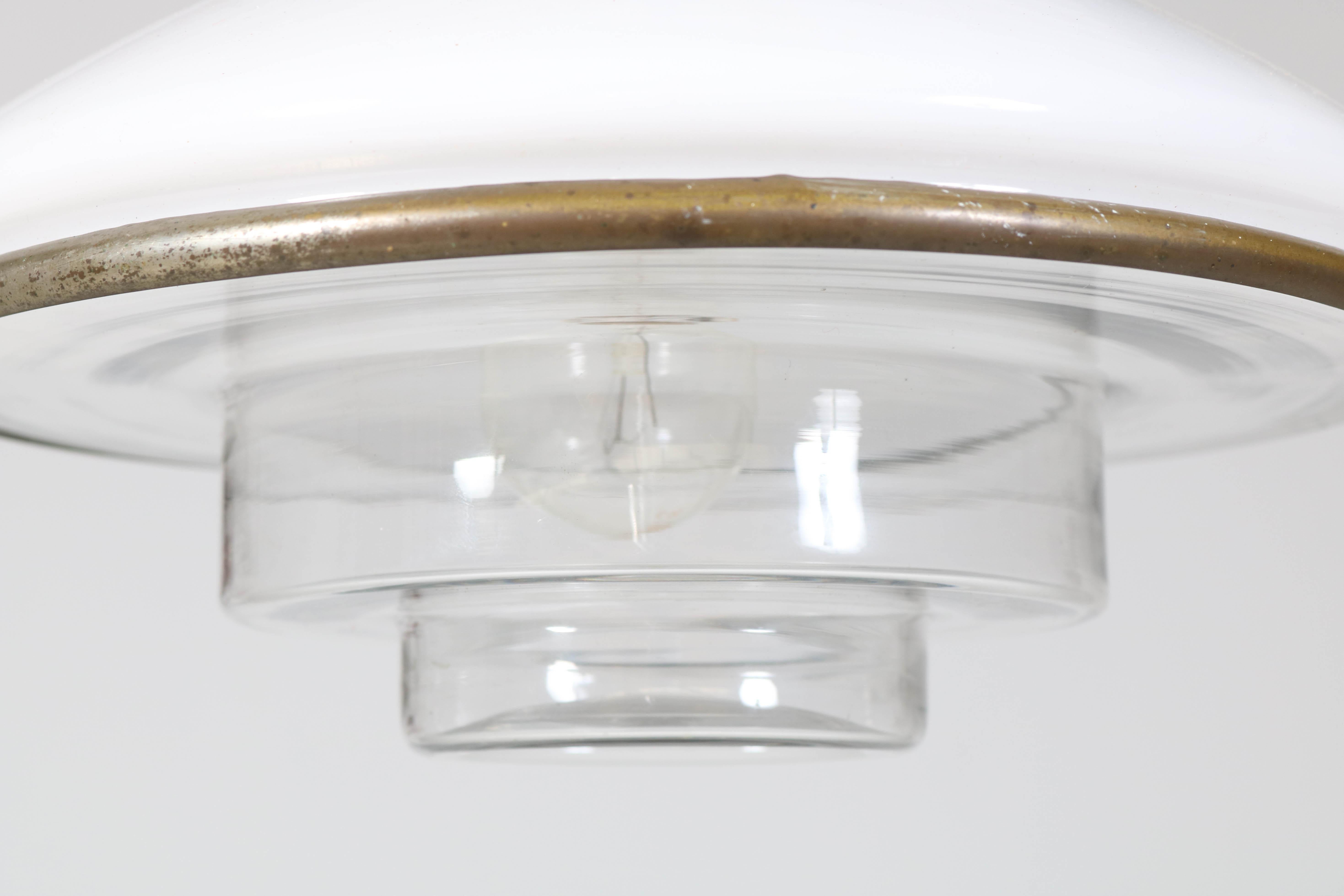 Bauhaus Brass and Opaline Pendant Lamp by Otto Müller for Sistrah Licht, 1930s In Good Condition In Amsterdam, NL