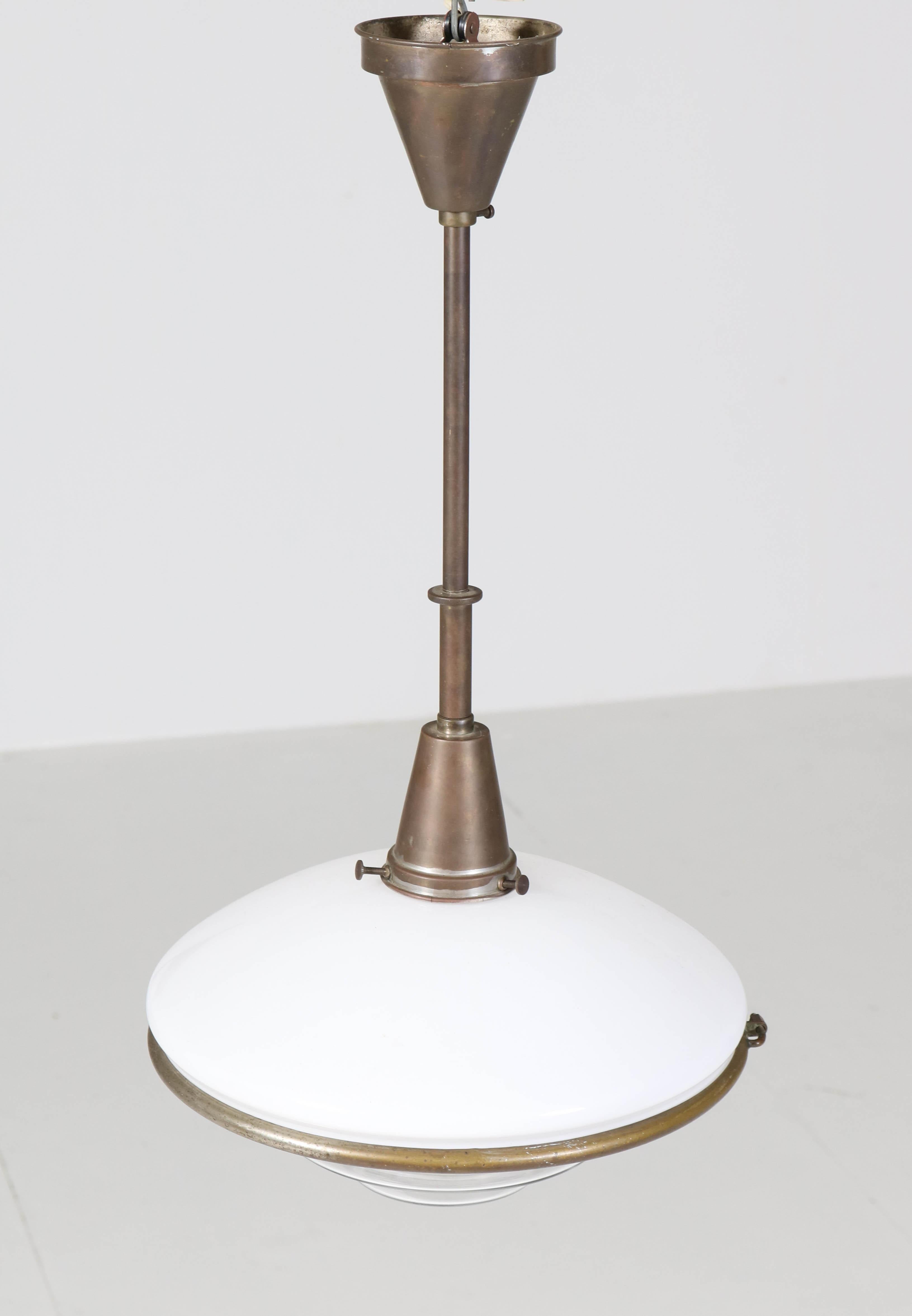 Bauhaus Brass and Opaline Pendant Lamp by Otto Müller for Sistrah Licht, 1930s 2