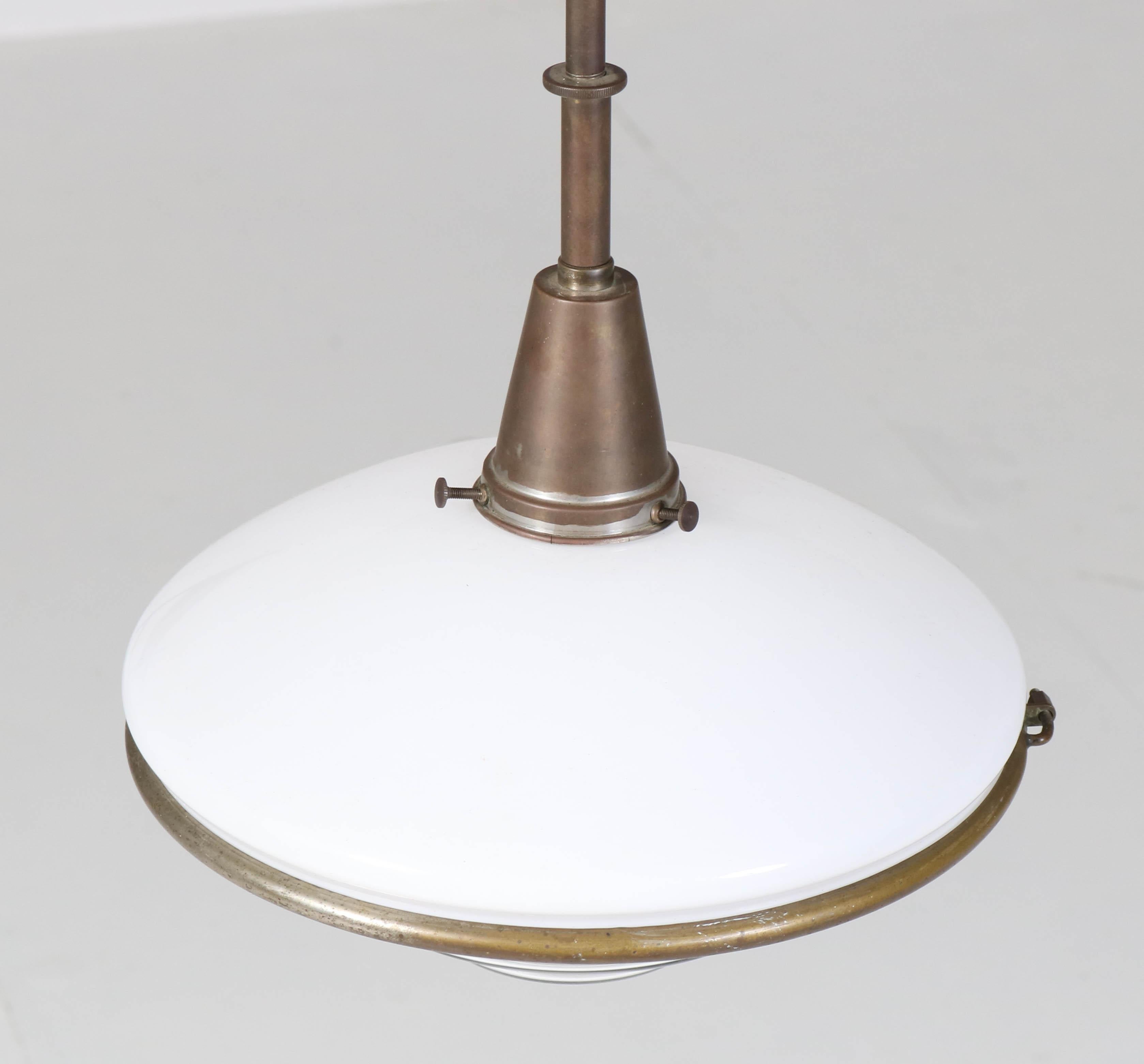 Bauhaus Brass and Opaline Pendant Lamp by Otto Müller for Sistrah Licht, 1930s 3