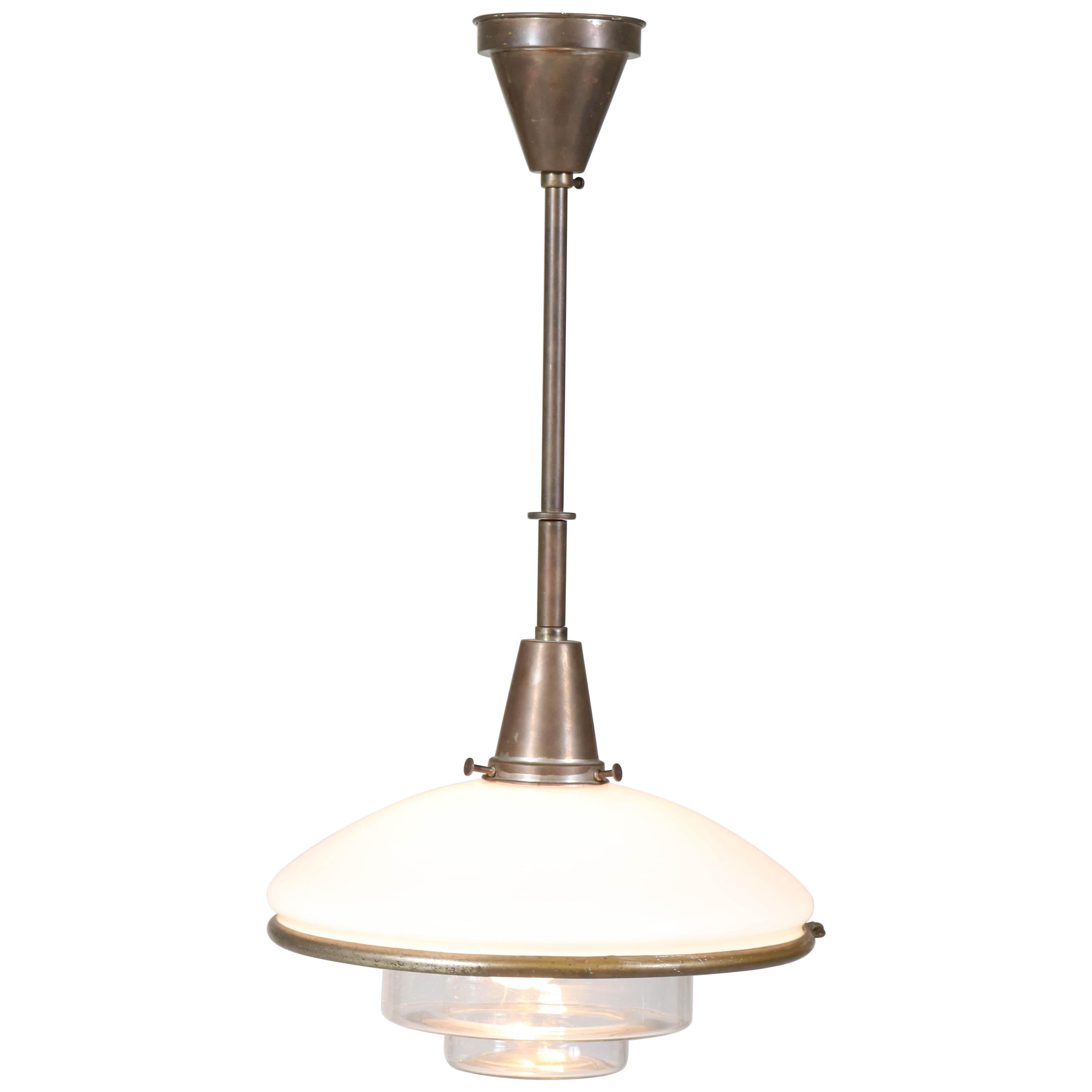 Bauhaus Brass and Opaline Pendant Lamp by Otto Müller for Sistrah Licht, 1930s