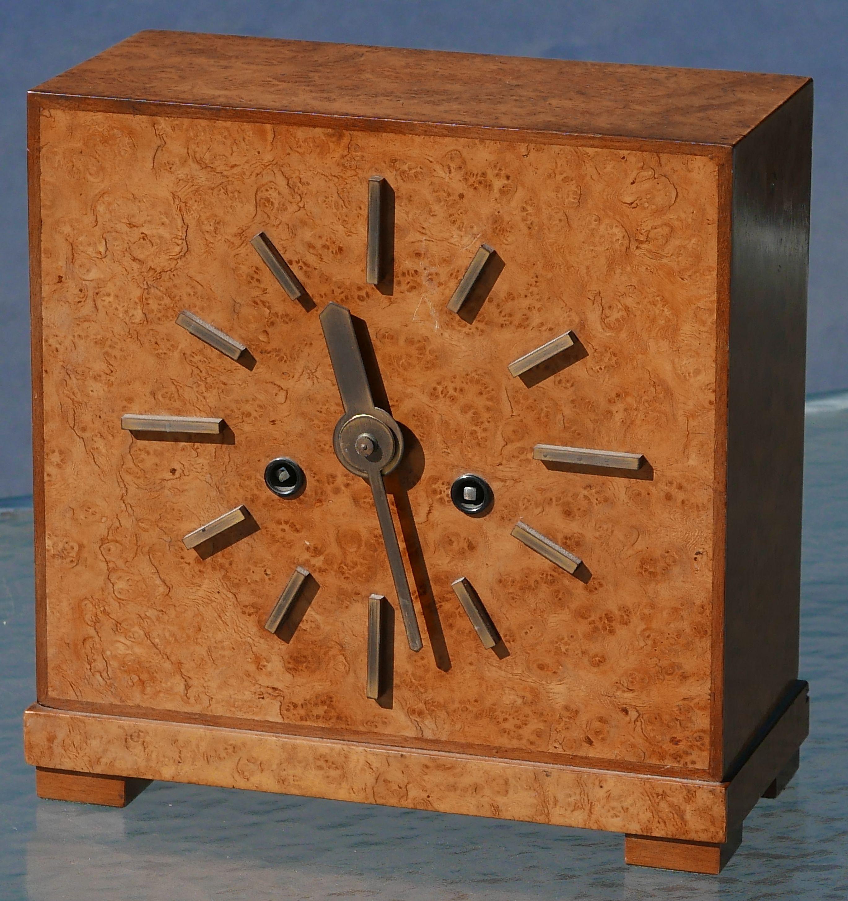 German Bauhaus Burl and Brass Mantle Clock, circa 1930s