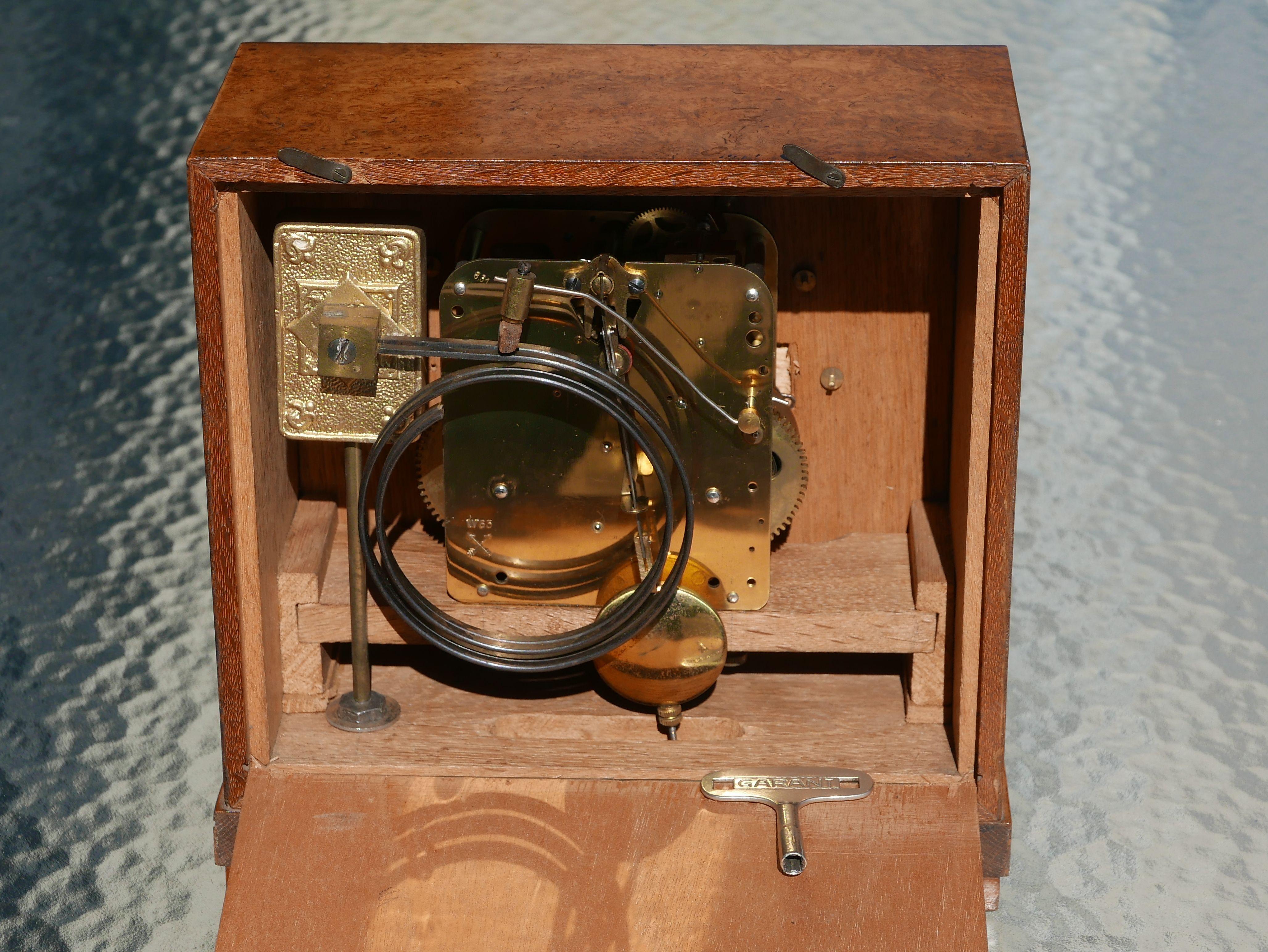 Mid-20th Century Bauhaus Burl and Brass Mantle Clock, circa 1930s