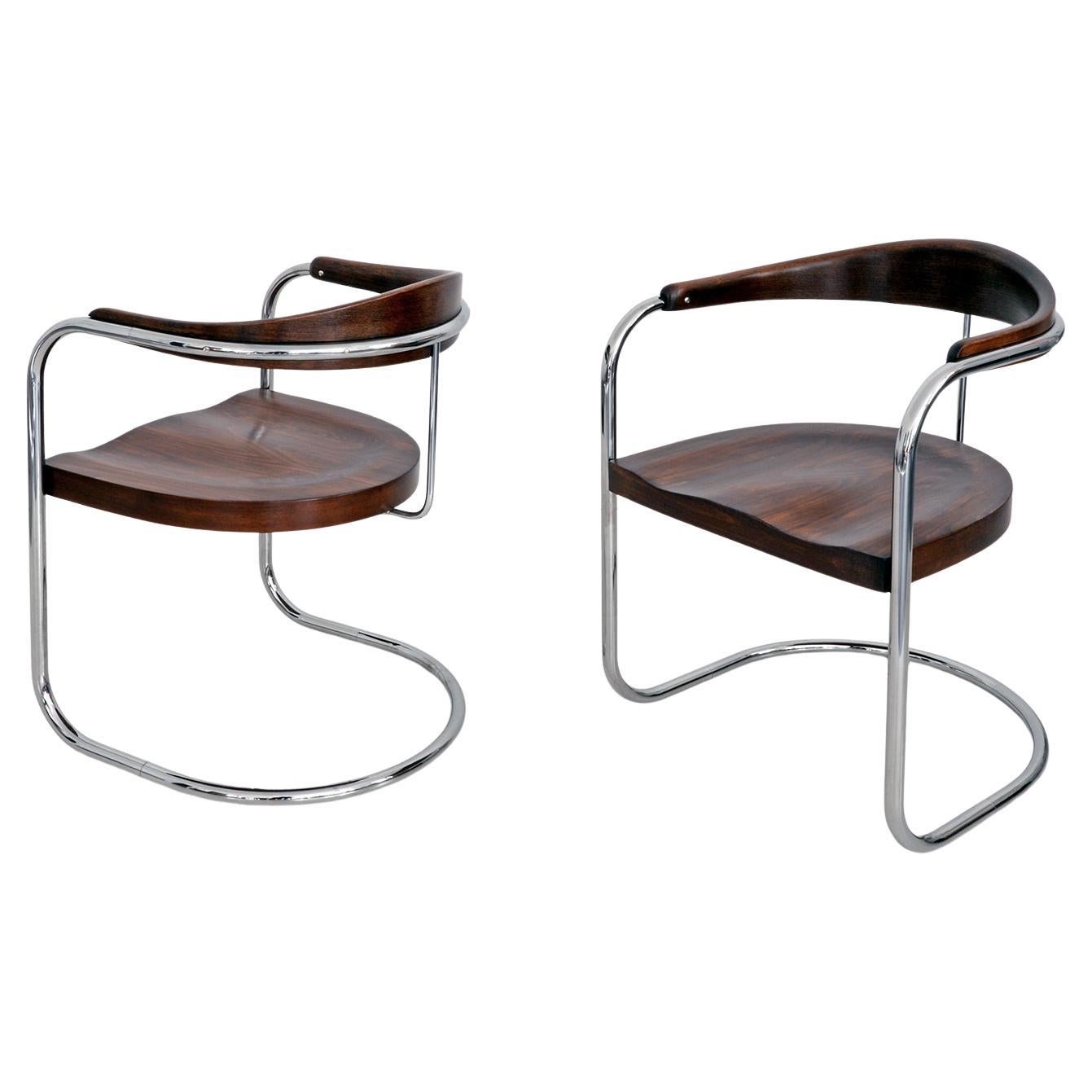 Bauhaus Freischwinger-Sessel von Hans Luckhardt, Metall verchromt, Holz gebeizt im Angebot