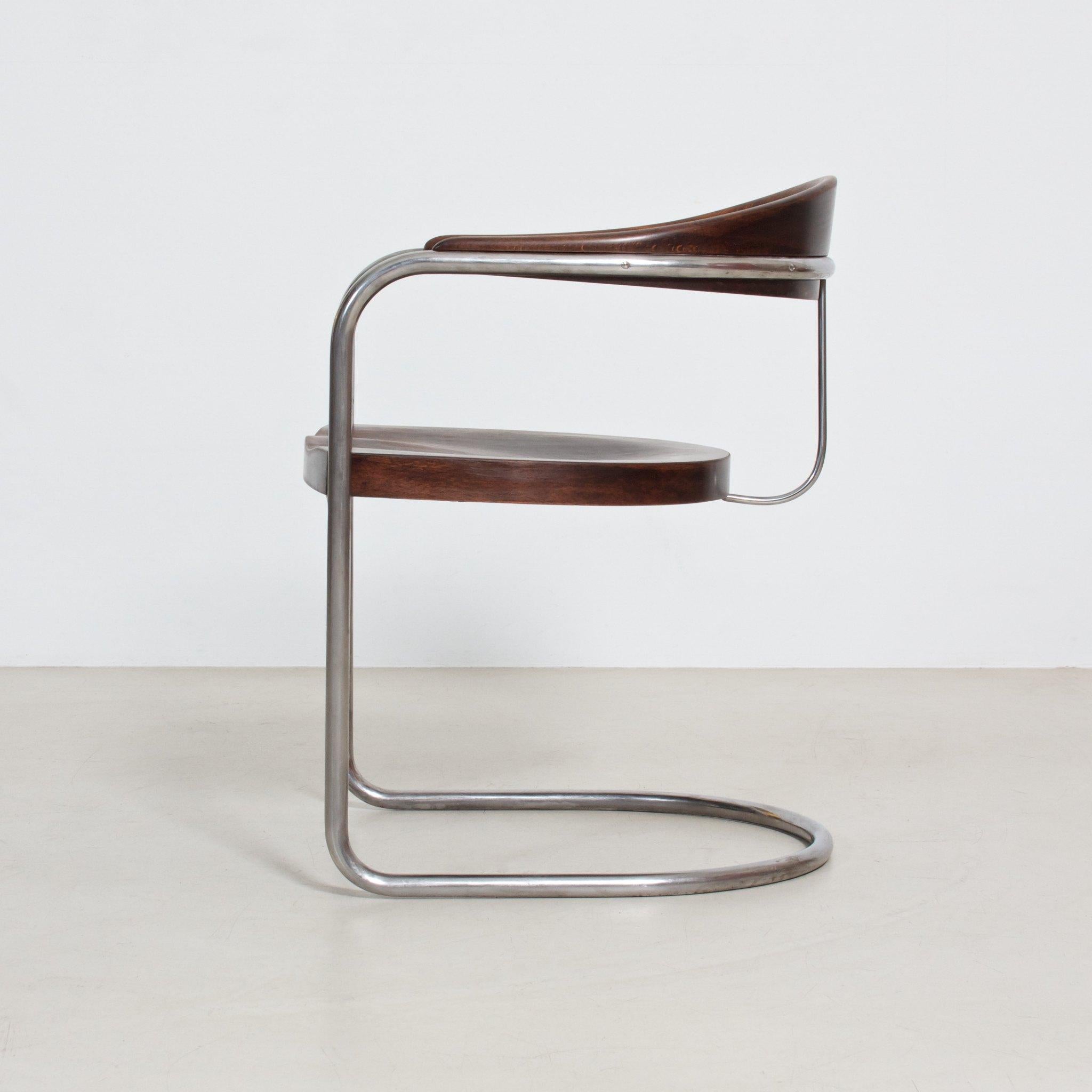 Veneer Bauhaus Cantilever Armchair by Luckhardt Brothers, Chromed Metal, Stained Wood For Sale