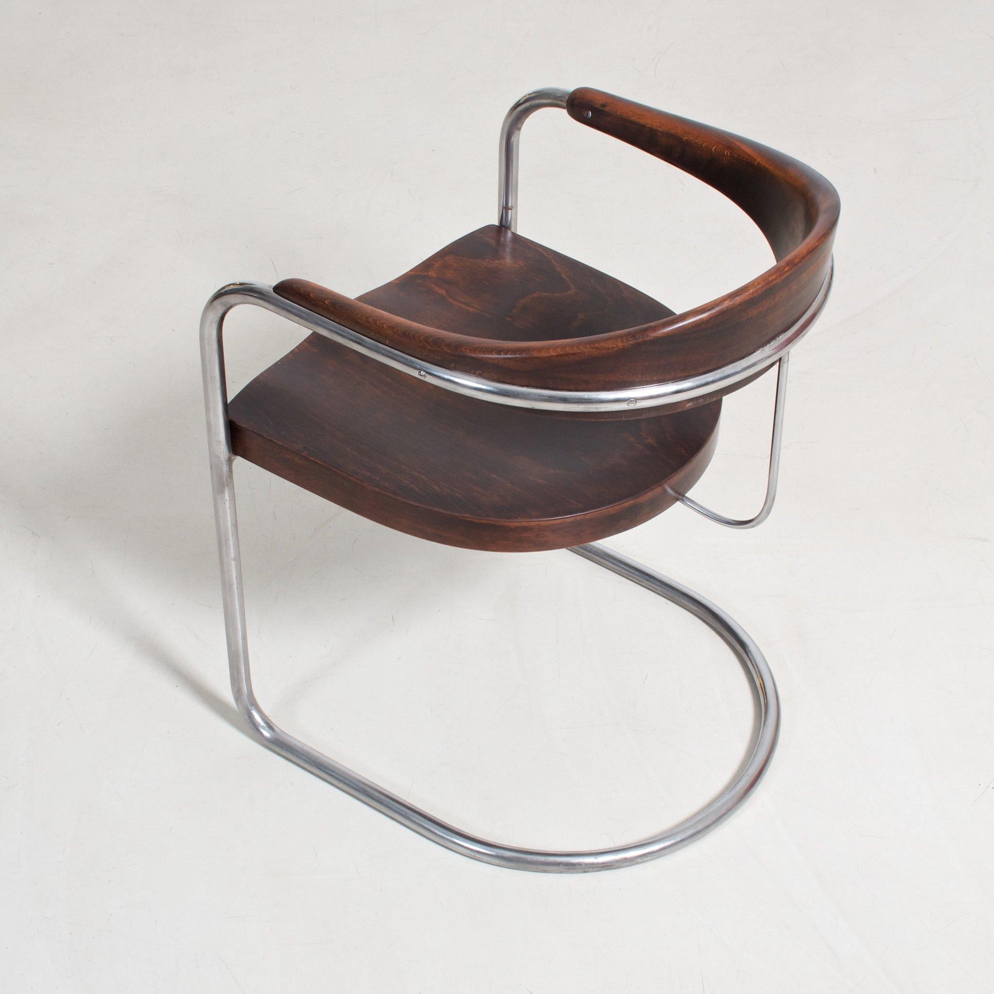 Contemporary Bauhaus Cantilever Armchair by Luckhardt Brothers, Chromed Metal, Stained Wood For Sale