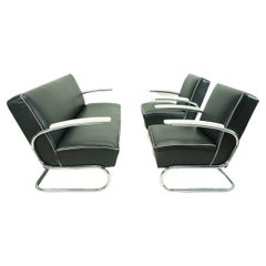 Bauhaus Cantilever Seating Set, Sofa + Armchairs in Black Nappa Leather, 30s
