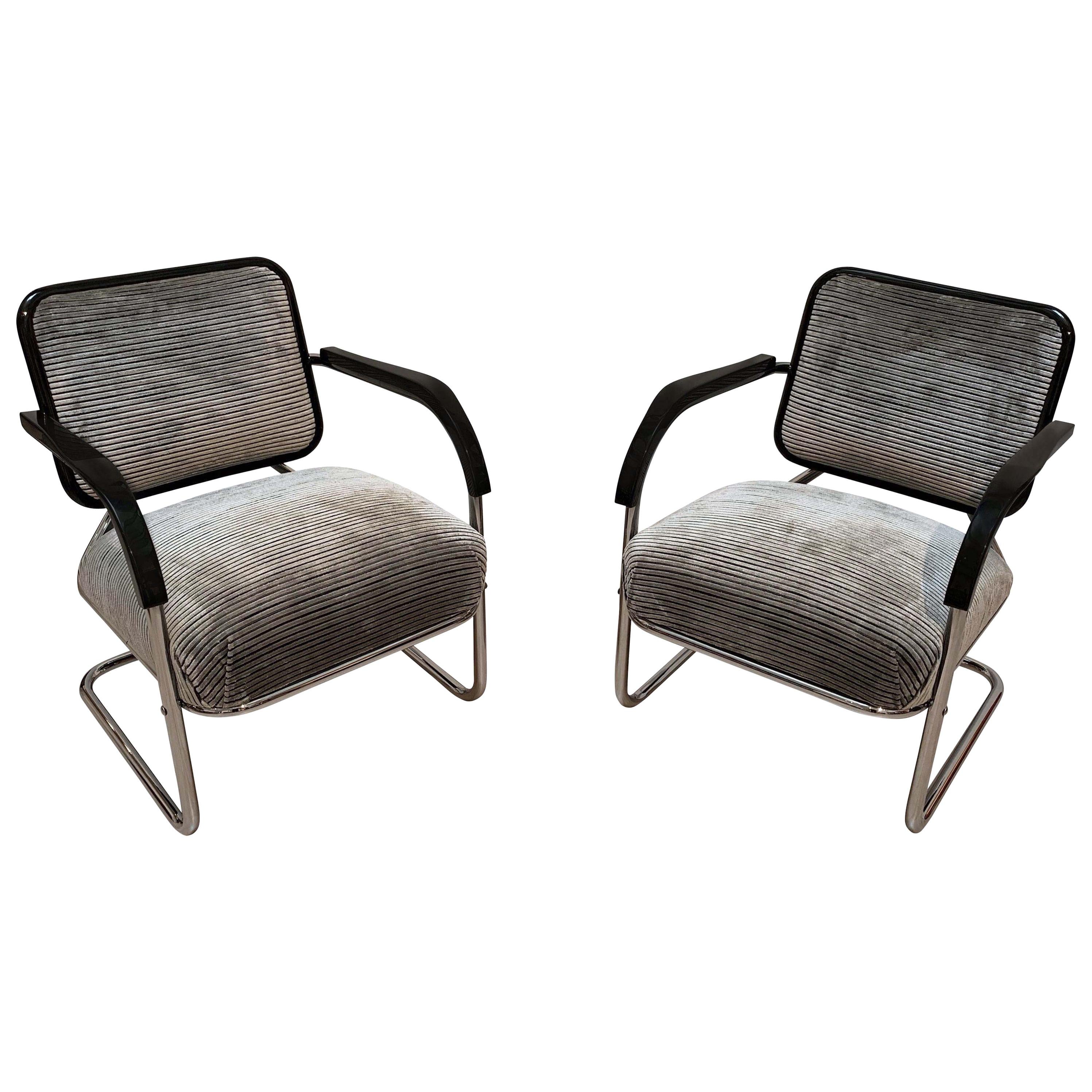 Galvanized Bauhaus Cantilever Steeltube Chair, Nickel, Black, Velvet, Germany, circa 1930