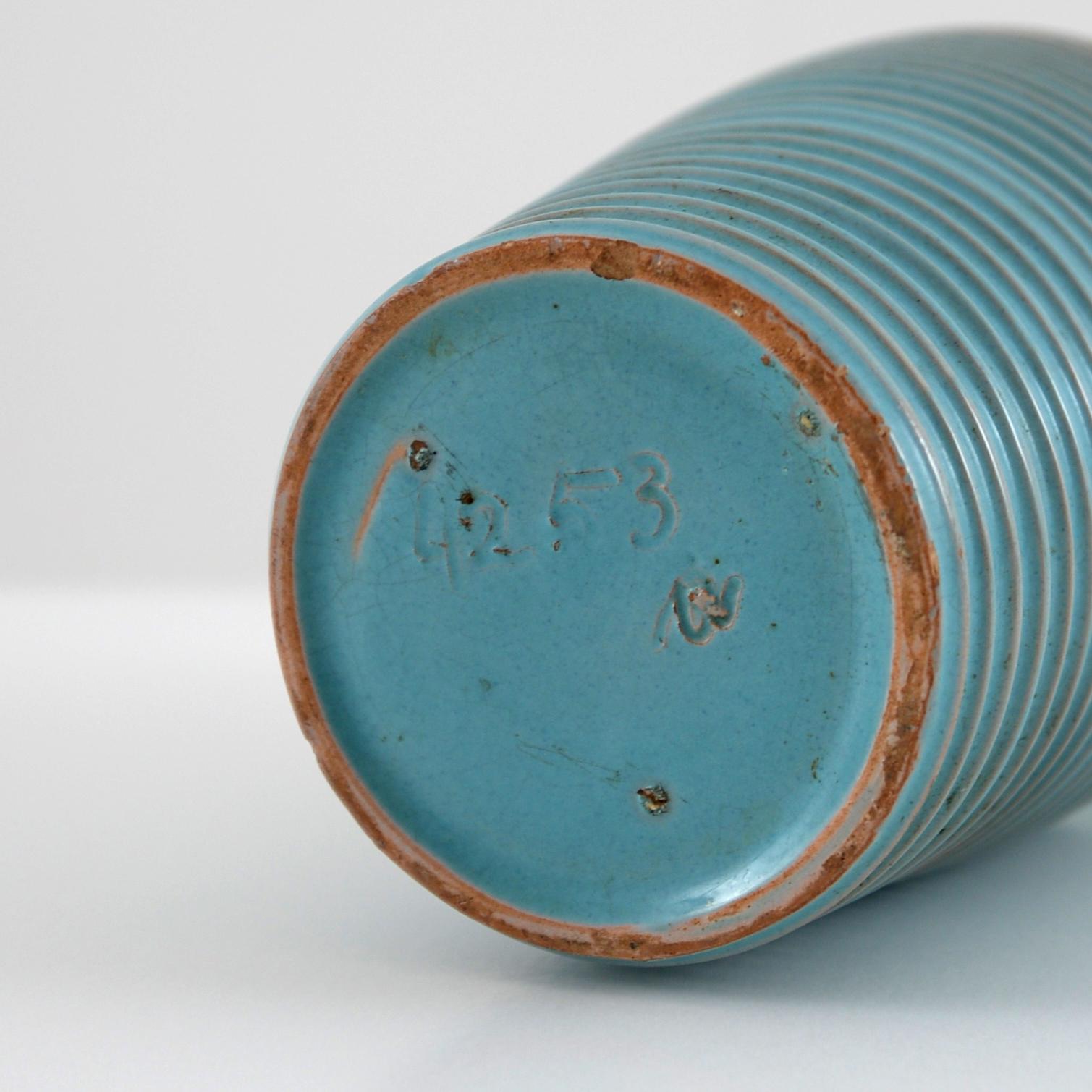 Glazed Bauhaus Ceramic Vase with Grooves Decor and Glaze in Cyan Tone, Germany, 1930