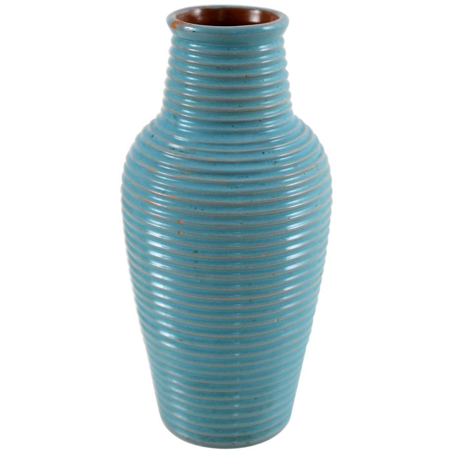 Bauhaus Ceramic Vase with Grooves Decor and Glaze in Cyan Tone, Germany, 1930