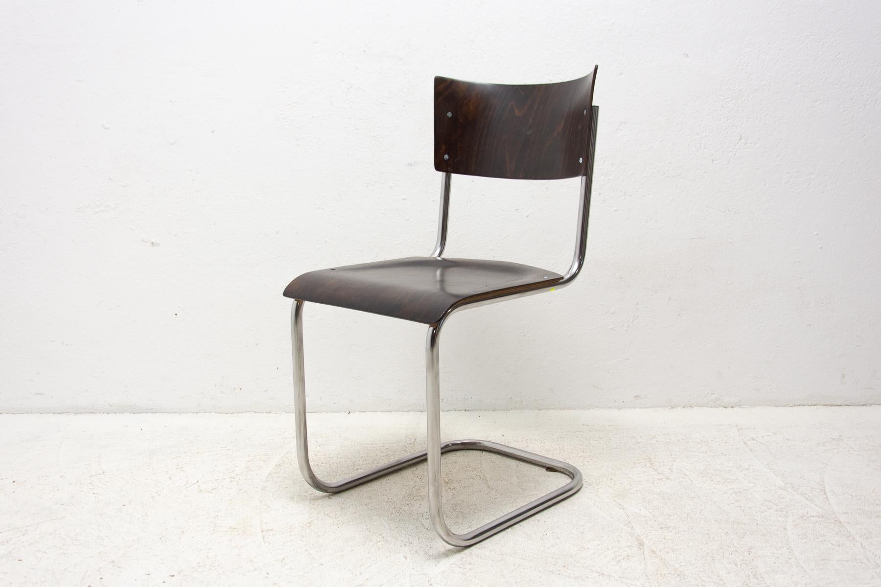 Cette chaise, l'une des plus célèbres, a été conçue dans les années 1930 par Mart Stam et fabriquée dans l'ancienne Tchécoslovaquie dans les années 1950. La chaise est dotée d'un cadre en acier tubulaire chromé, d'une assise et d'un dossier en