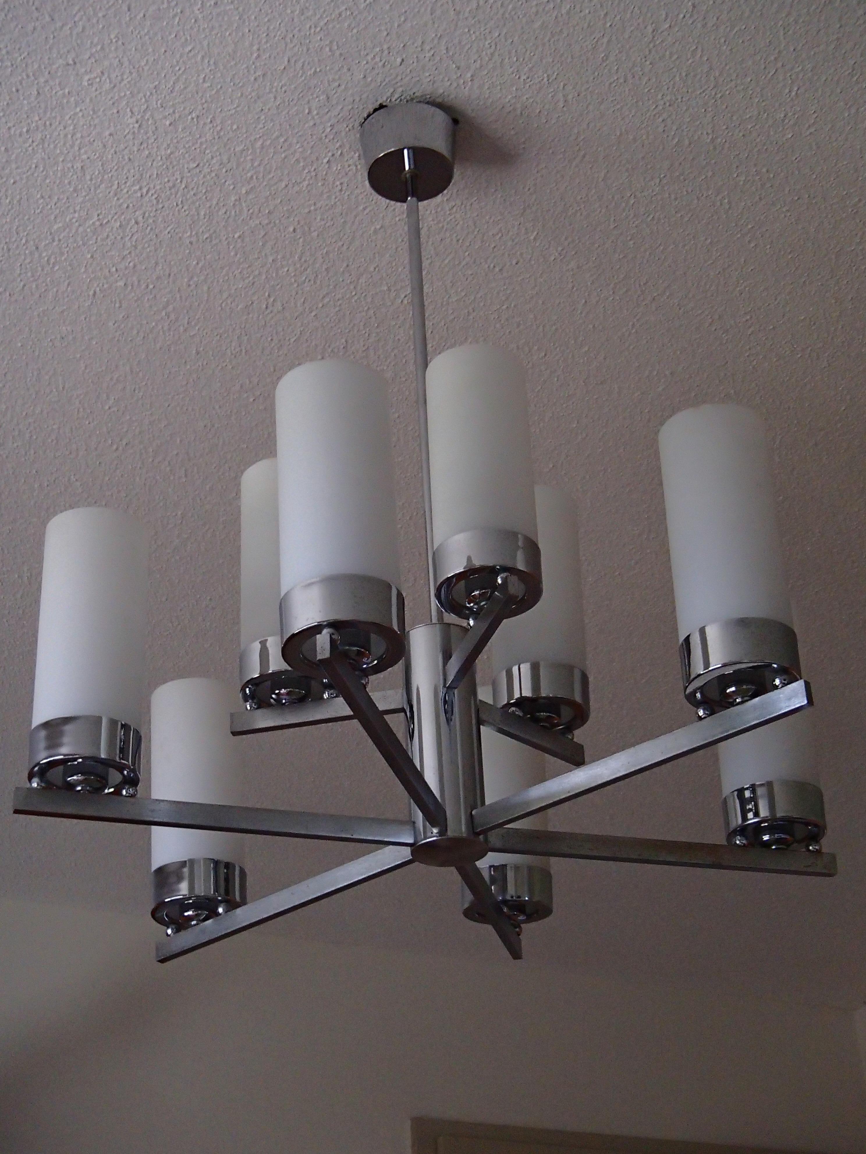 French Bauhaus Chandelier Chrome with Nine White Tubular Glass Shades For Sale
