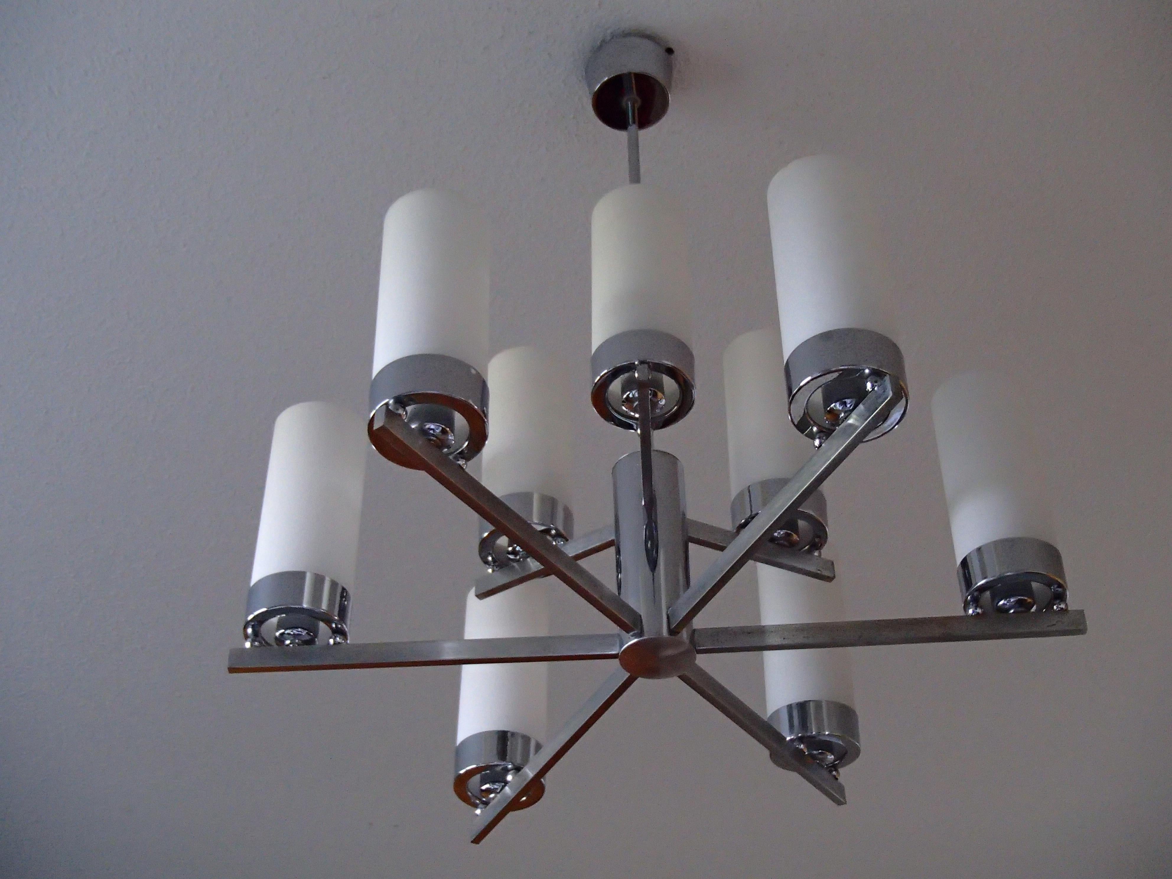 Bauhaus Chandelier Chrome with Nine White Tubular Glass Shades In Good Condition For Sale In Weiningen, CH