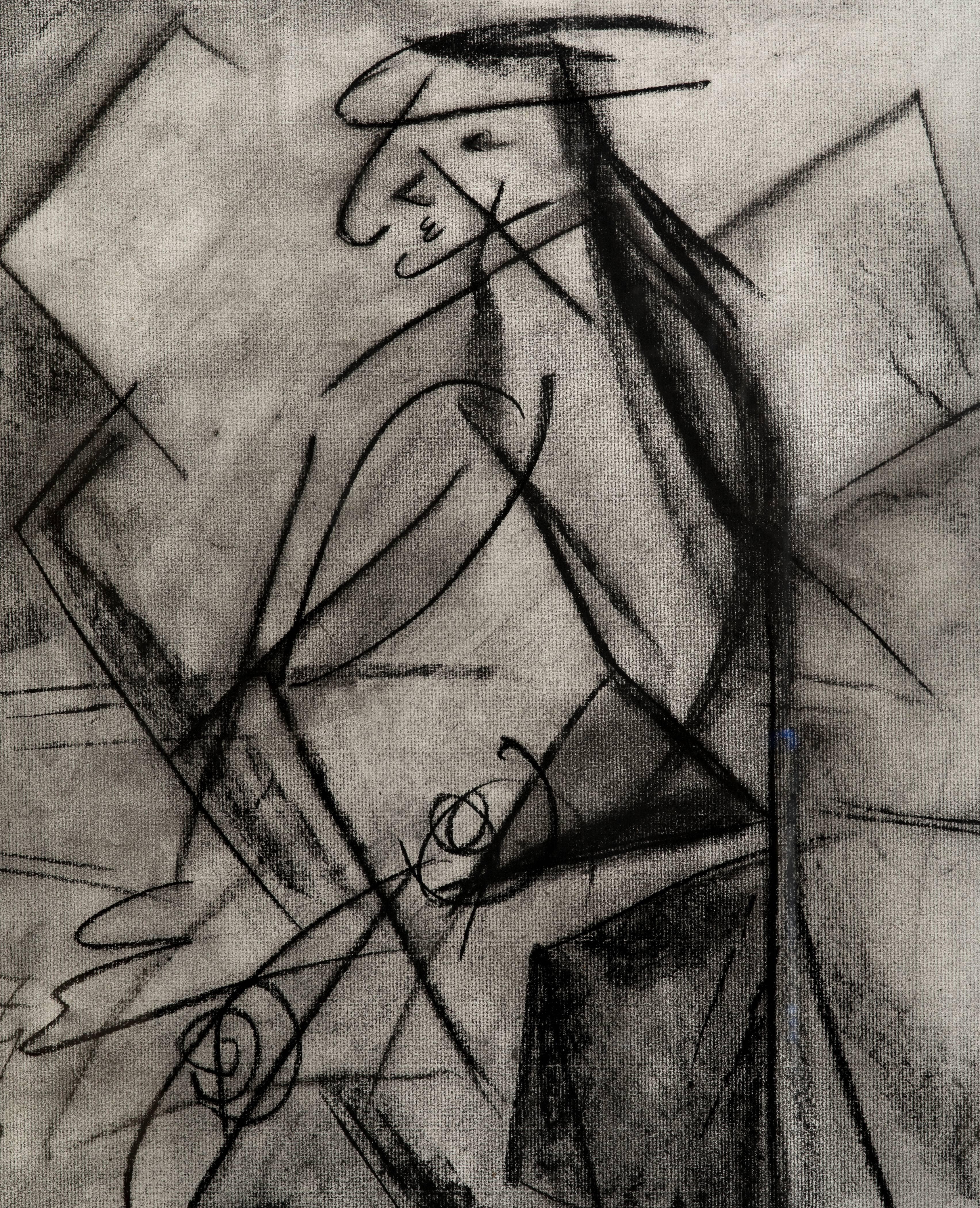 Fabulous Bauhaus charcoal figural drawing on paper circa 1945 by Louis Atlas (1918-1966) found in a period distressed frame. He was a former student of Hans Hofmann.  
Signed L. Atlas  NY 45. Great scale!
Image size is 23.50 inches high by 17.25