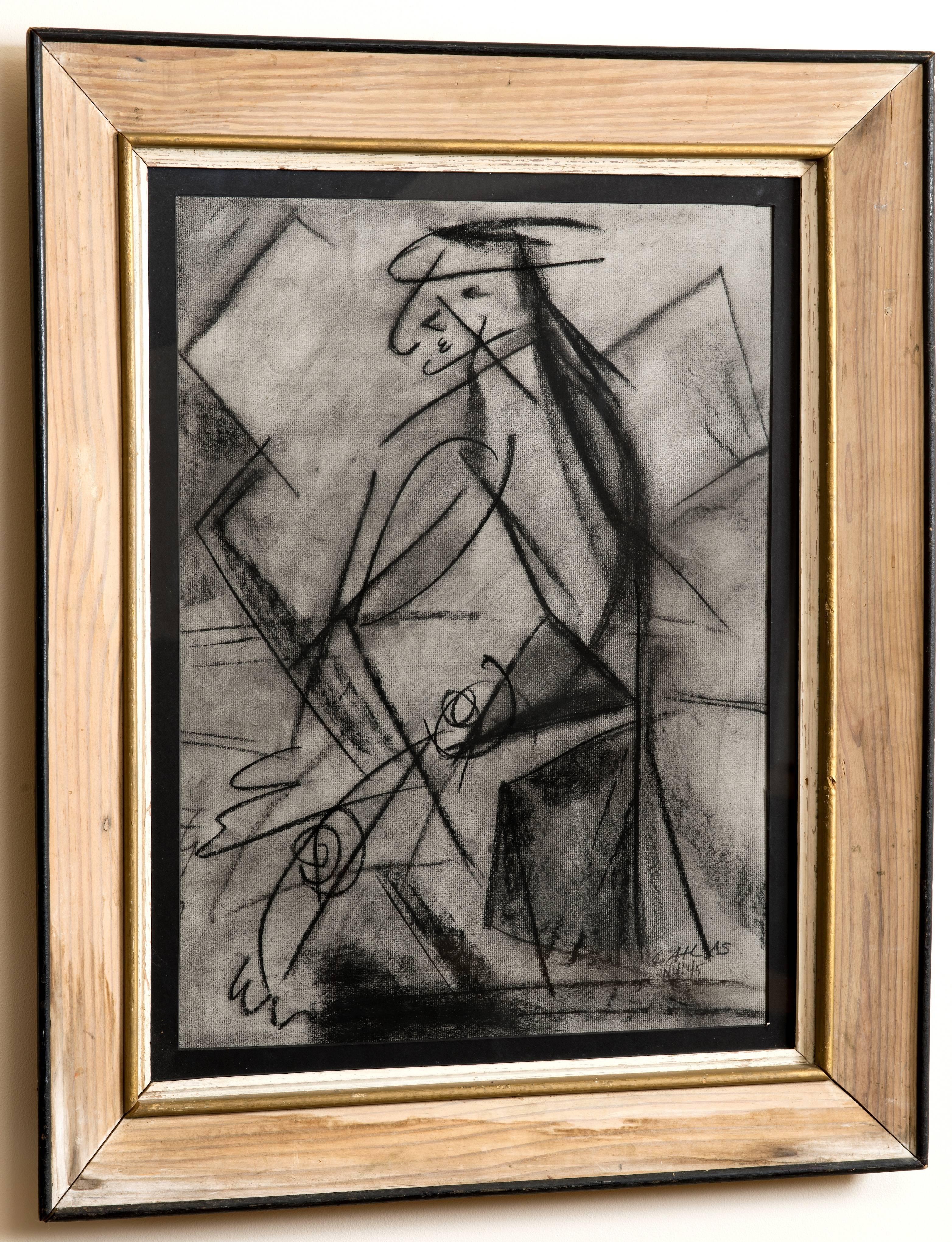 American Charcoal Figural Drawing circa 1945 by Louis Atlas