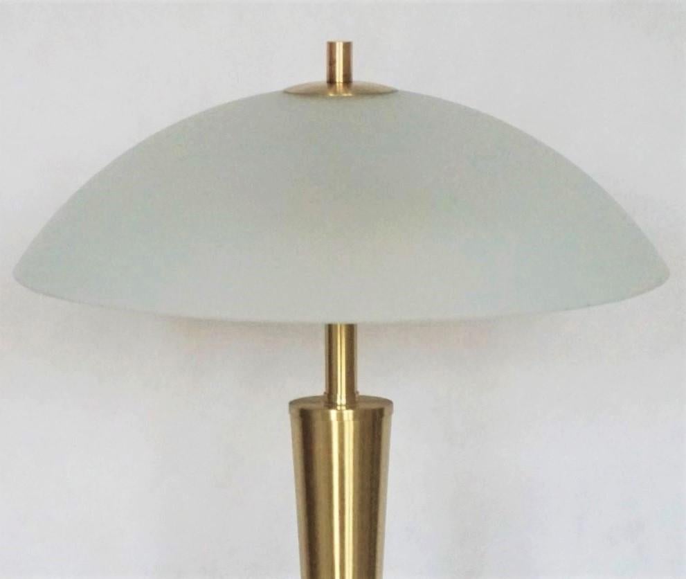 Art Deco Bauhaus Chased Brass Satin Glass Two-Light Table Lamp, 1960s, Desk Lamp