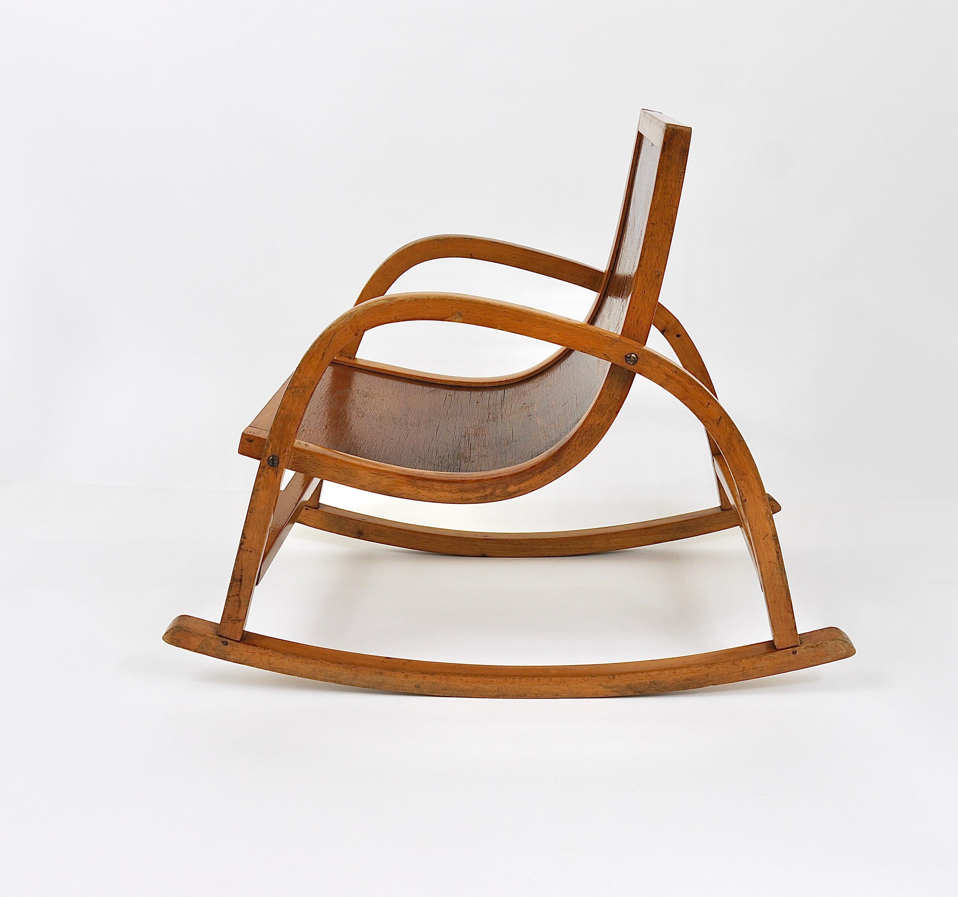 Mid-Century Modern Bauhaus Childrens`Bentwood Rocking Chair Brockhage Andrä Era, Germany, 1950s For Sale