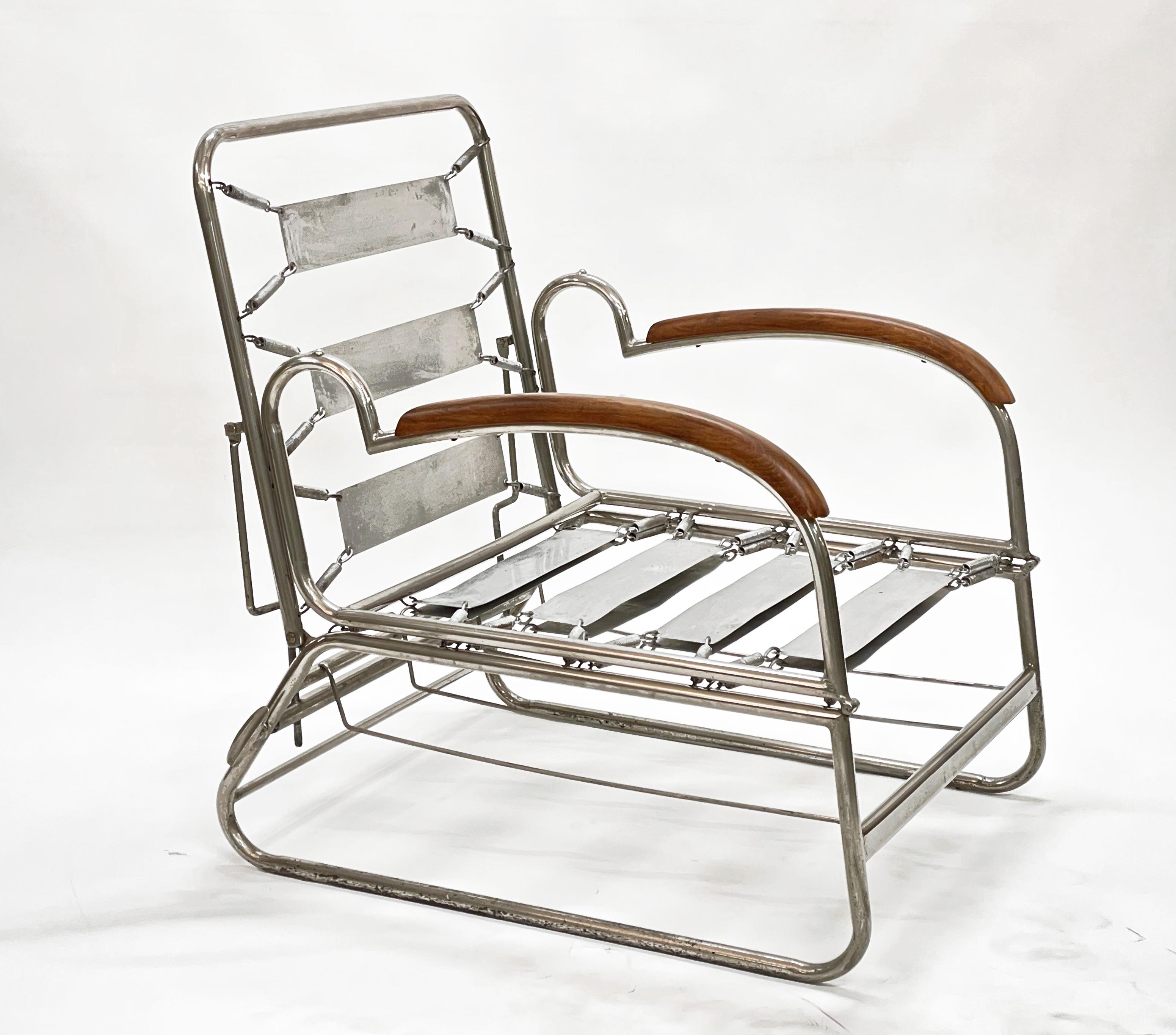 Bauhaus Chrome and Walnut Wood Adjustable Bed Armchair After Marcel Breuer 1930s 4
