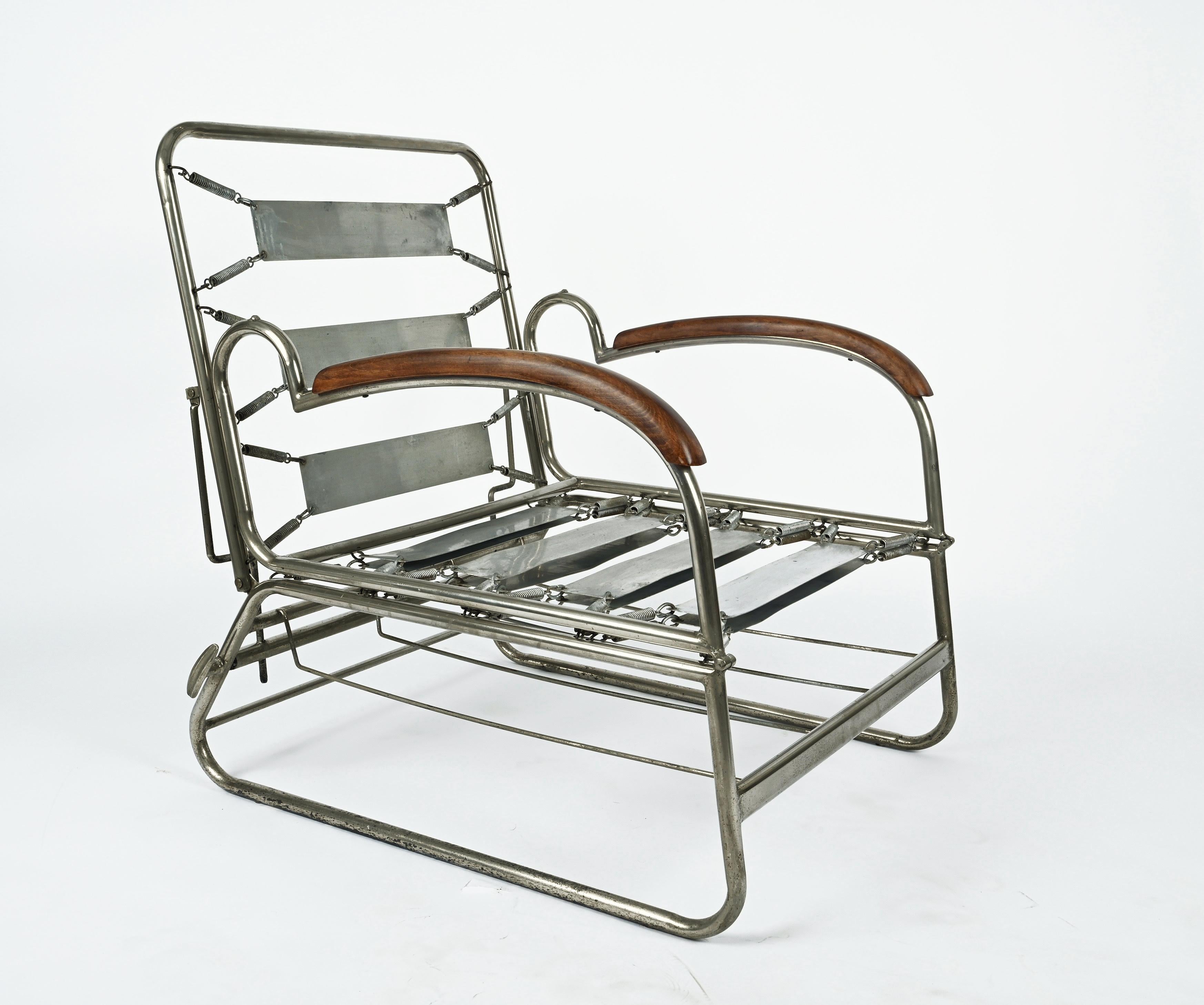 Bauhaus Chrome and Walnut Wood Adjustable Bed Armchair After Marcel Breuer 1930s 5