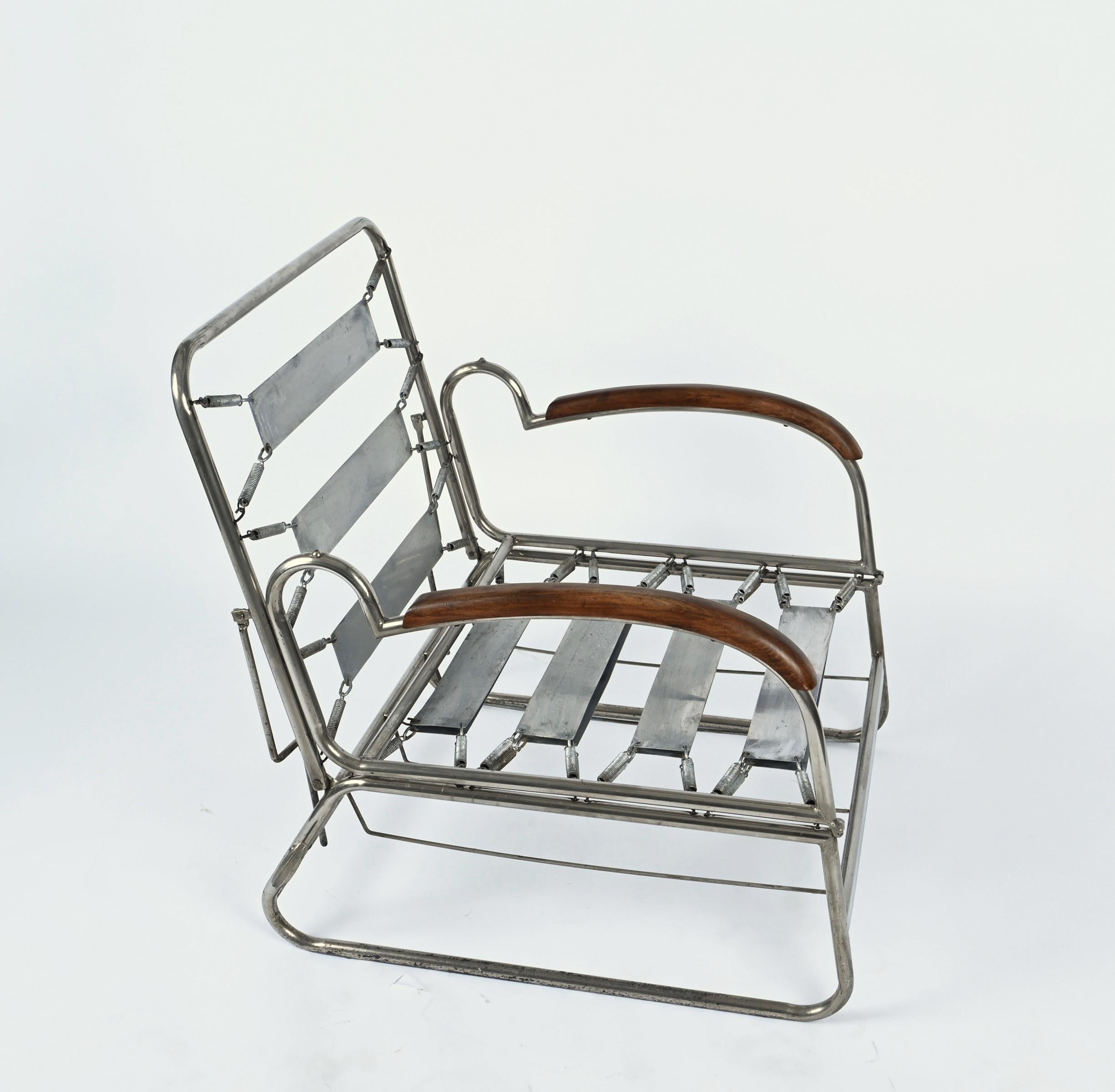 Bauhaus Chrome and Walnut Wood Adjustable Bed Armchair After Marcel Breuer 1930s 1