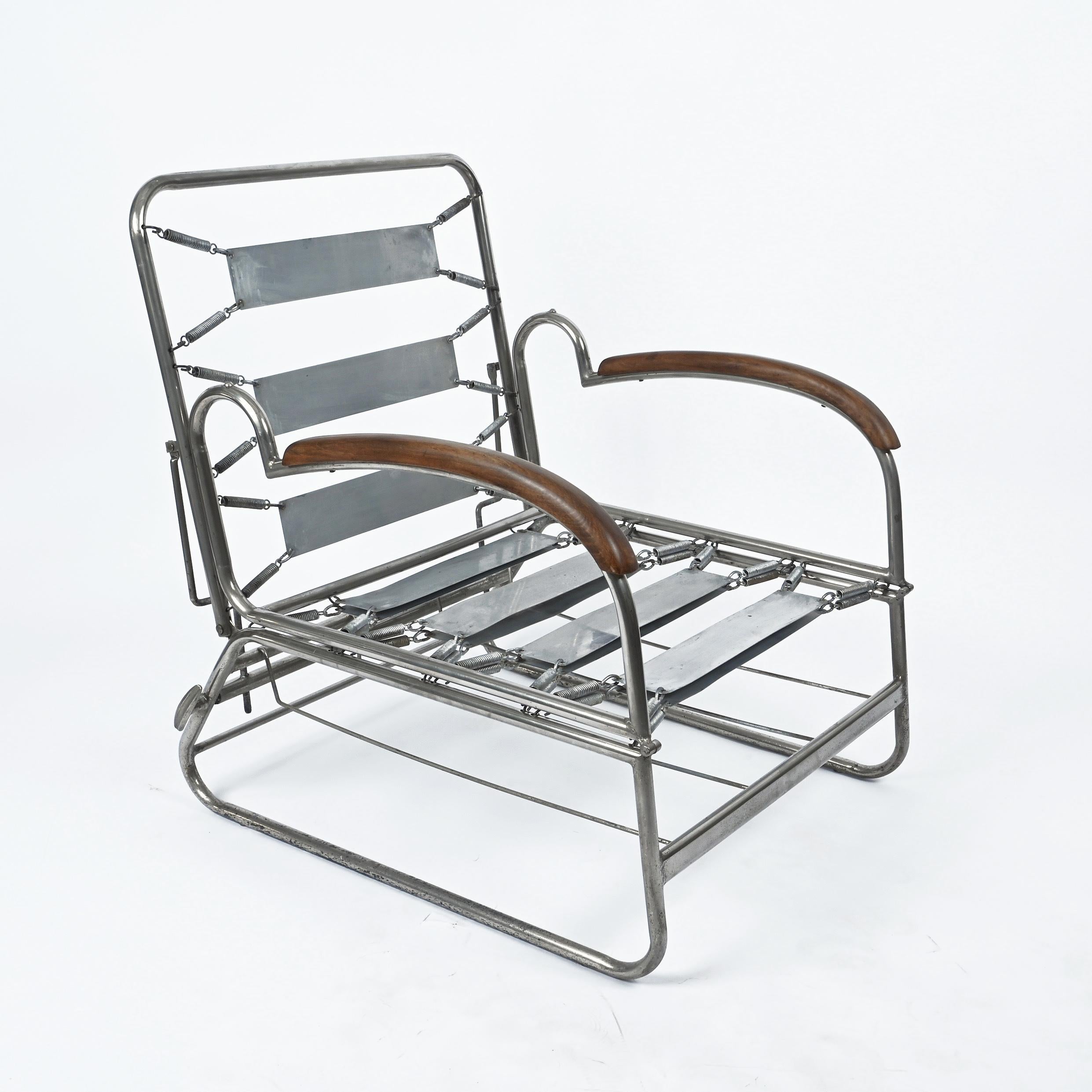 Bauhaus Chrome and Walnut Wood Adjustable Bed Armchair After Marcel Breuer 1930s 2