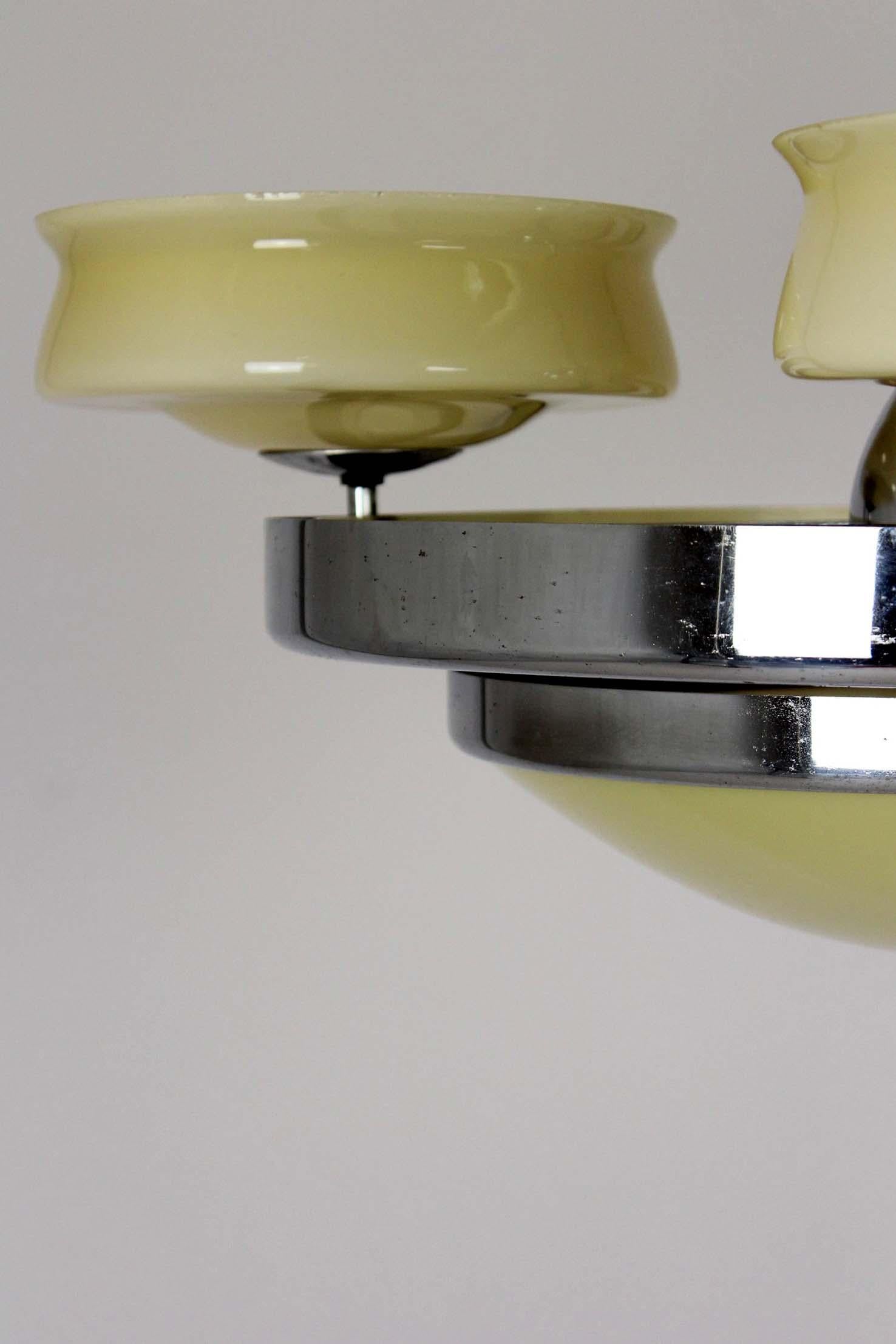 Opaline Glass Bauhaus Chrome Chandelier from Zukov, 1940s For Sale