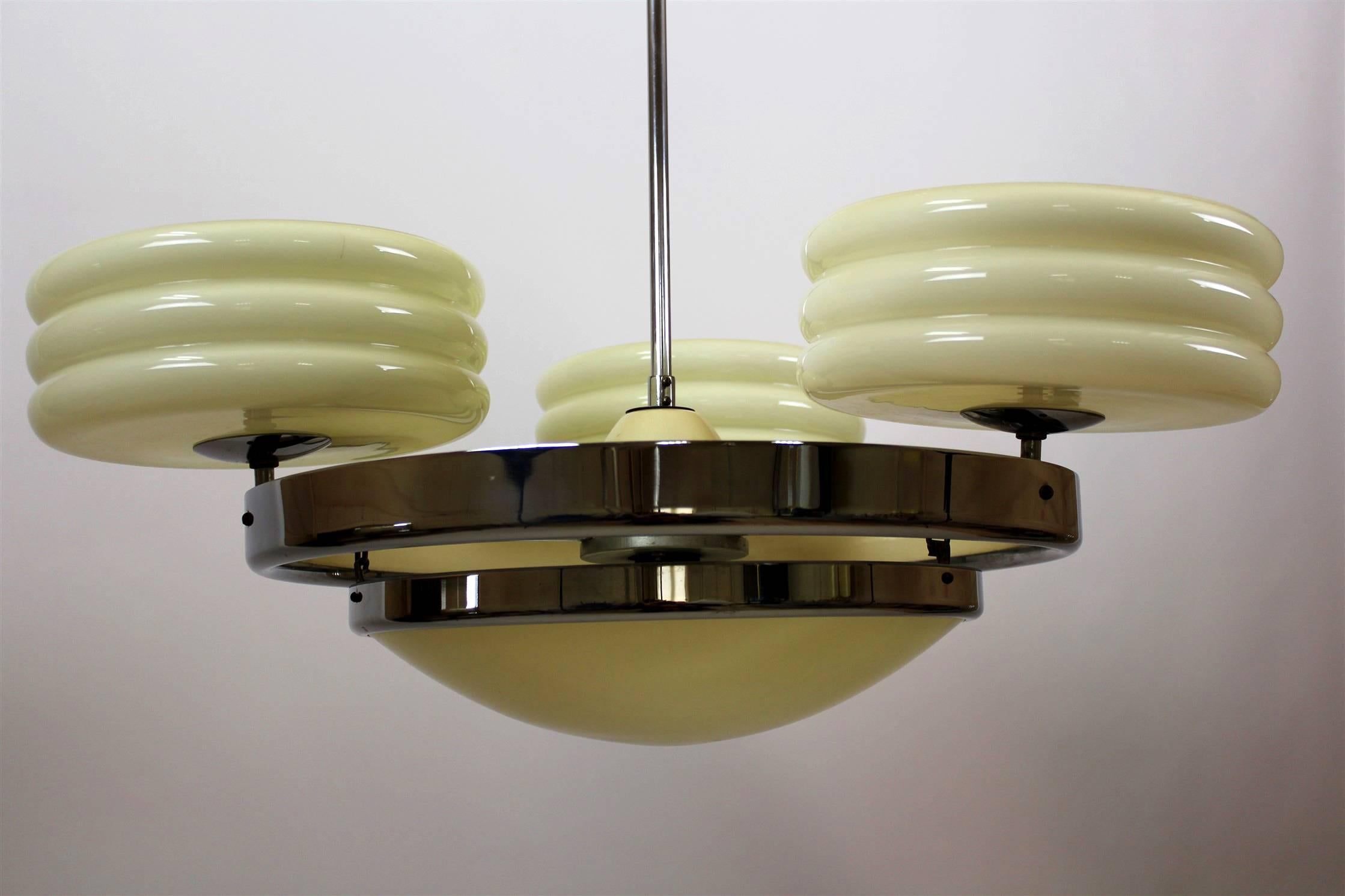 Bauhaus Chrome Chandelier from Zukov, 1930s In Excellent Condition In Żory, PL