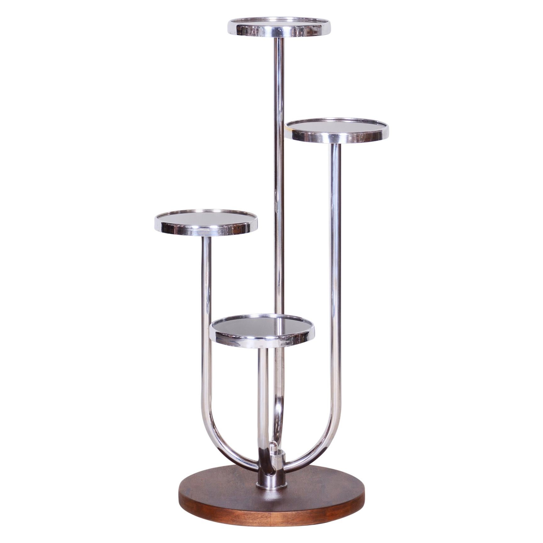 Bauhaus Chrome Flower Pedestal by Jindrich Halabala - UP Zavody, Walnut, 1930s