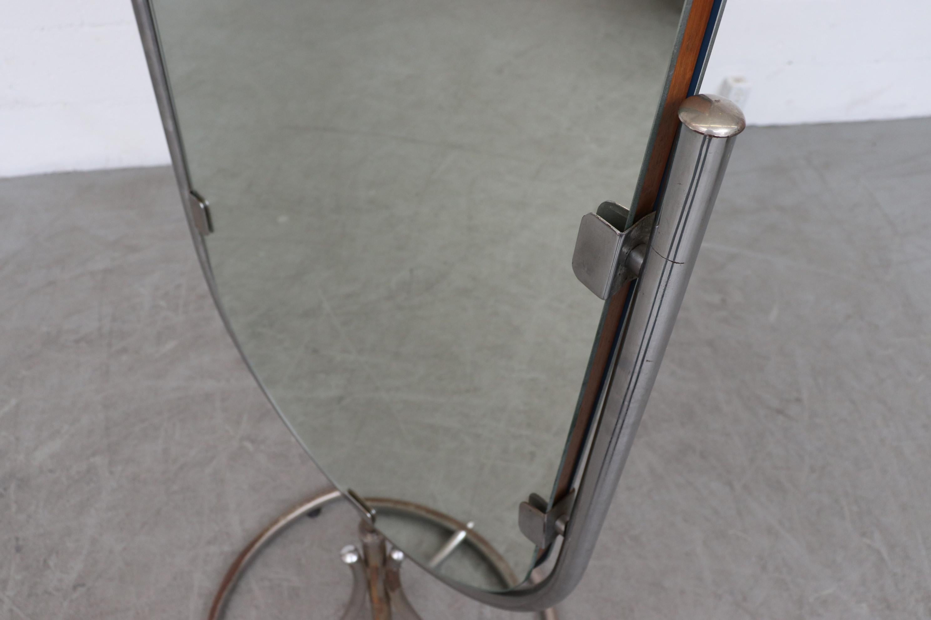 Mid-Century Modern Bauhaus Chrome-Plated Swivel Standing Mirror with Circular Base