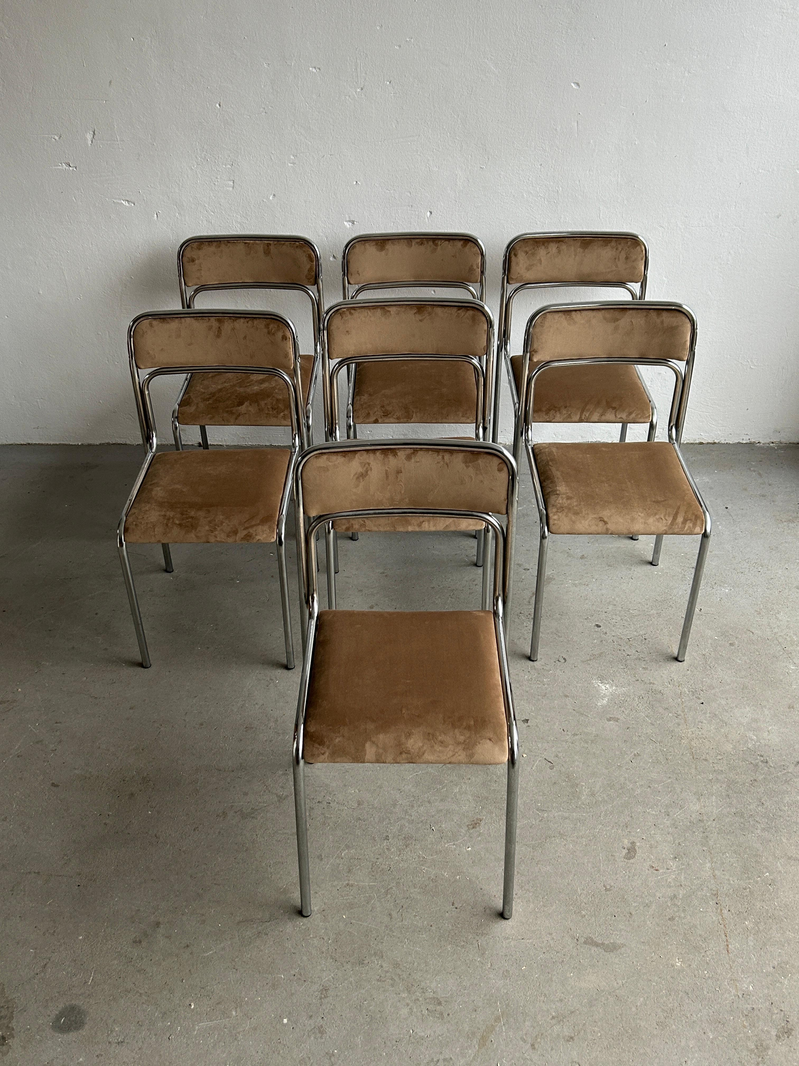 Late 20th Century Bauhaus Chrome Tubular Steel and Beige Velvet, 80s Vintage Italian Chairs