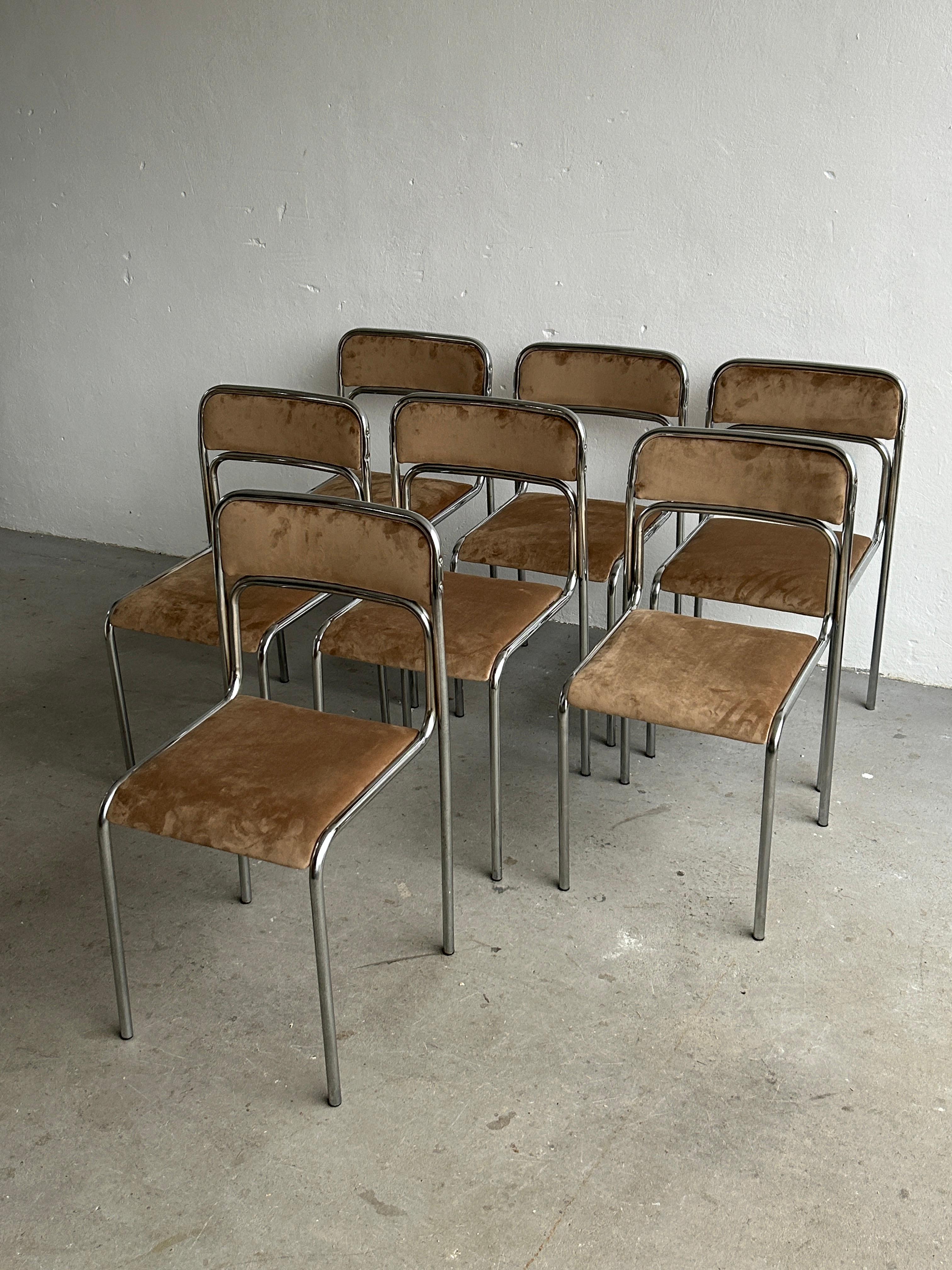 Bauhaus Chrome Tubular Steel and Beige Velvet, 80s Vintage Italian Chairs 1