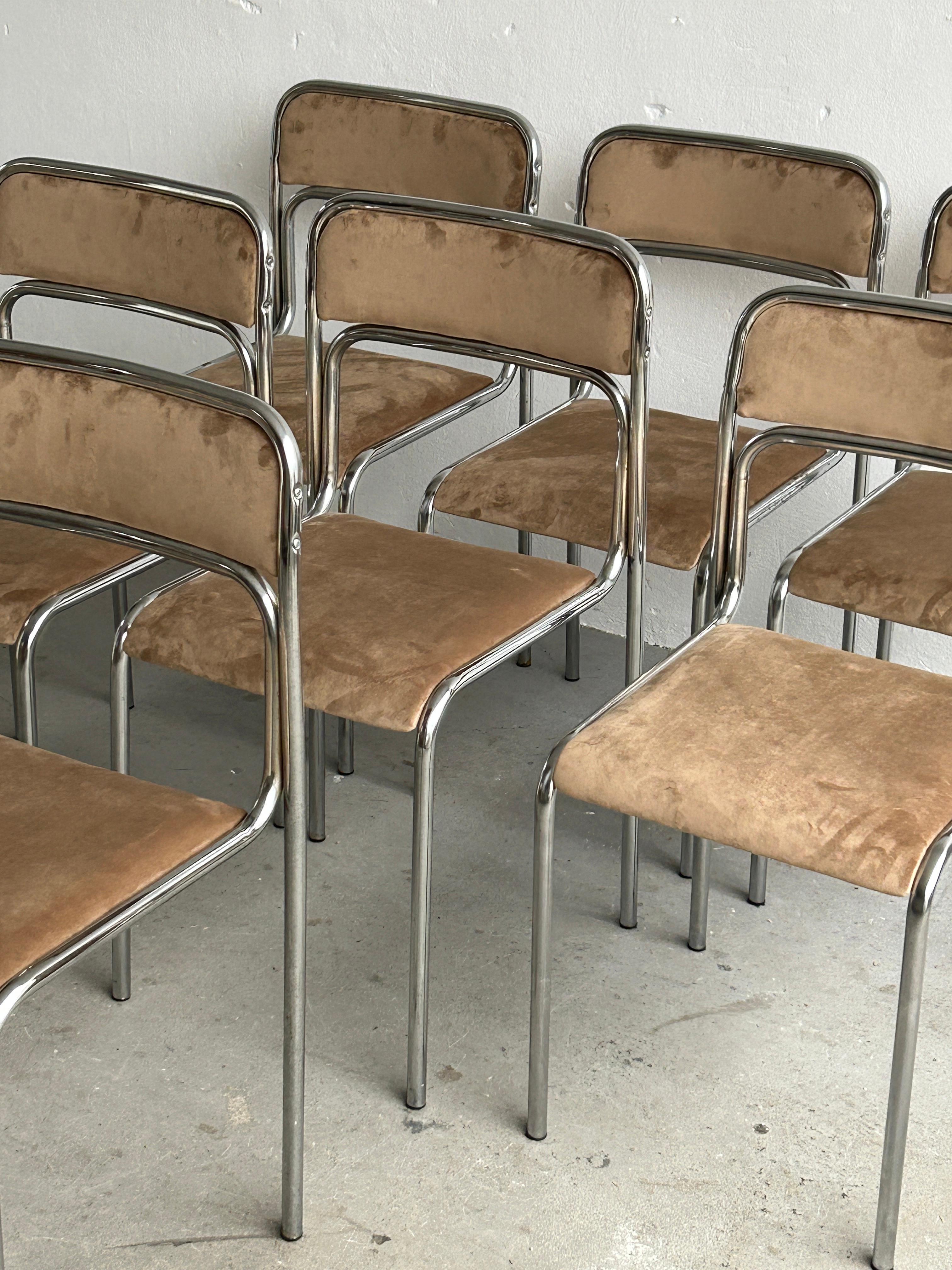 Bauhaus Chrome Tubular Steel and Beige Velvet, 80s Vintage Italian Chairs 2