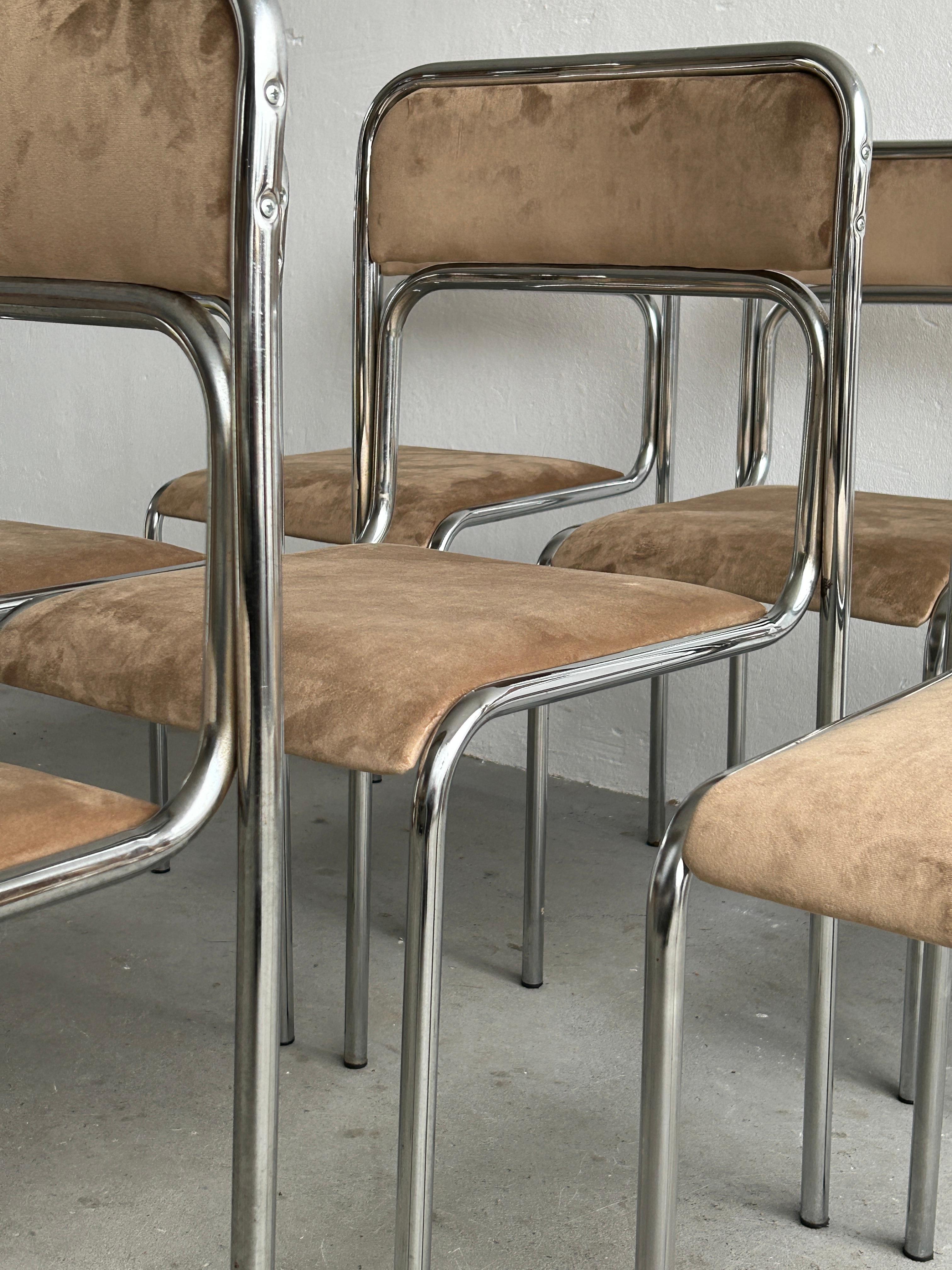 Bauhaus Chrome Tubular Steel and Beige Velvet, 80s Vintage Italian Chairs 4