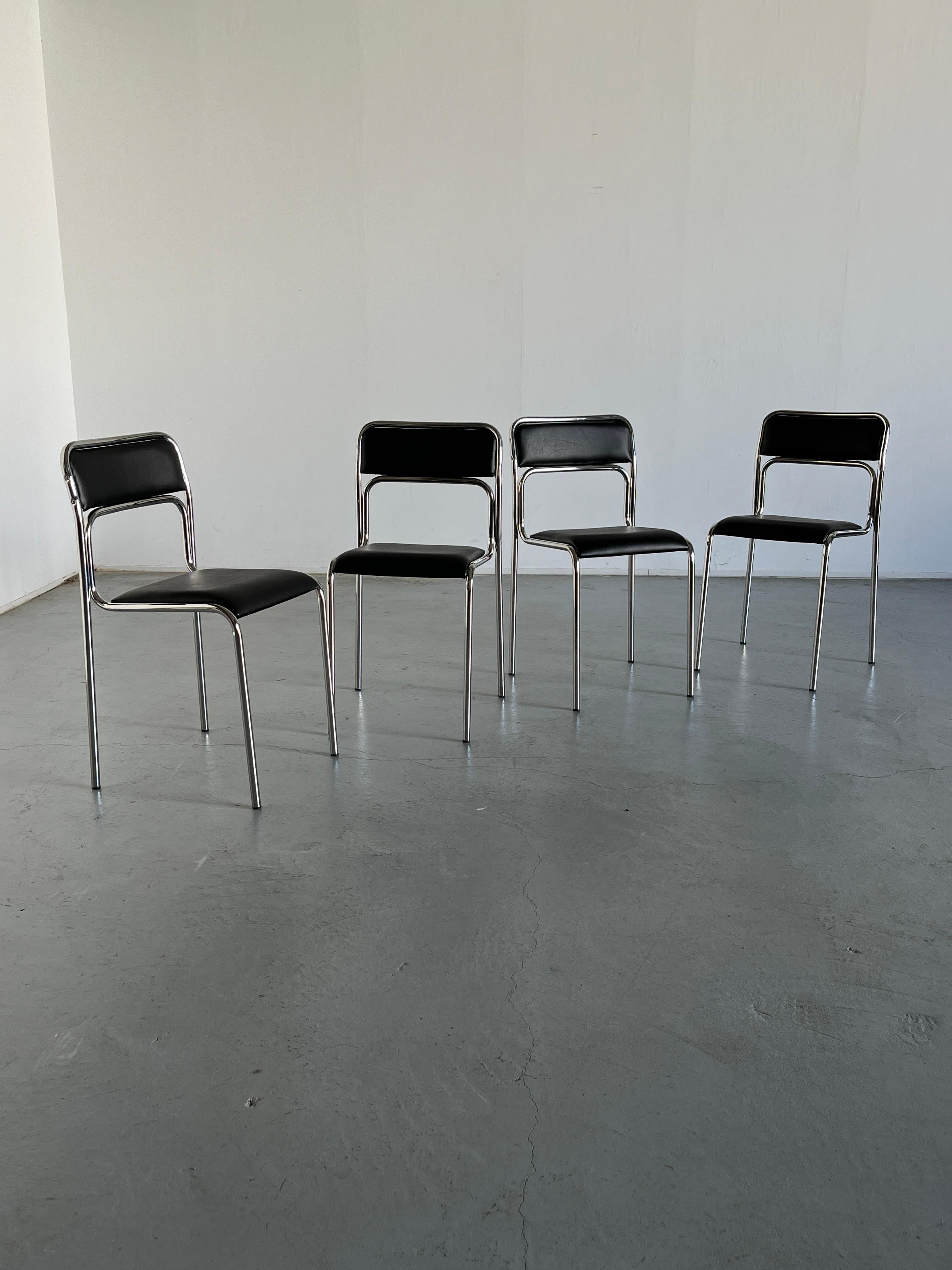 Late 20th Century Bauhaus Chrome Tubular Steel and Black Faux Leather Chairs, Italian Modernism For Sale
