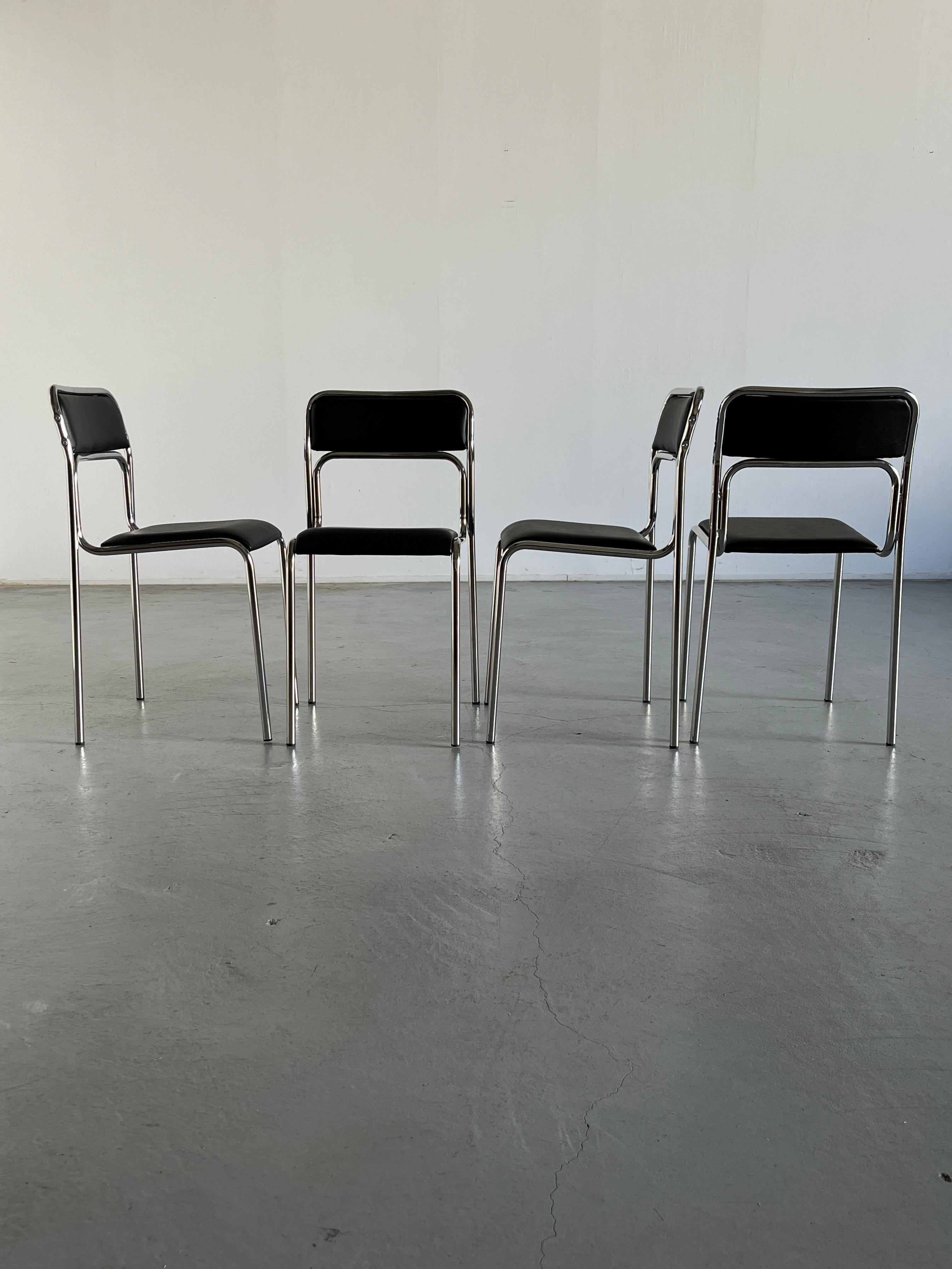 Bauhaus Chrome Tubular Steel and Black Faux Leather Chairs, Italian Modernism For Sale 2