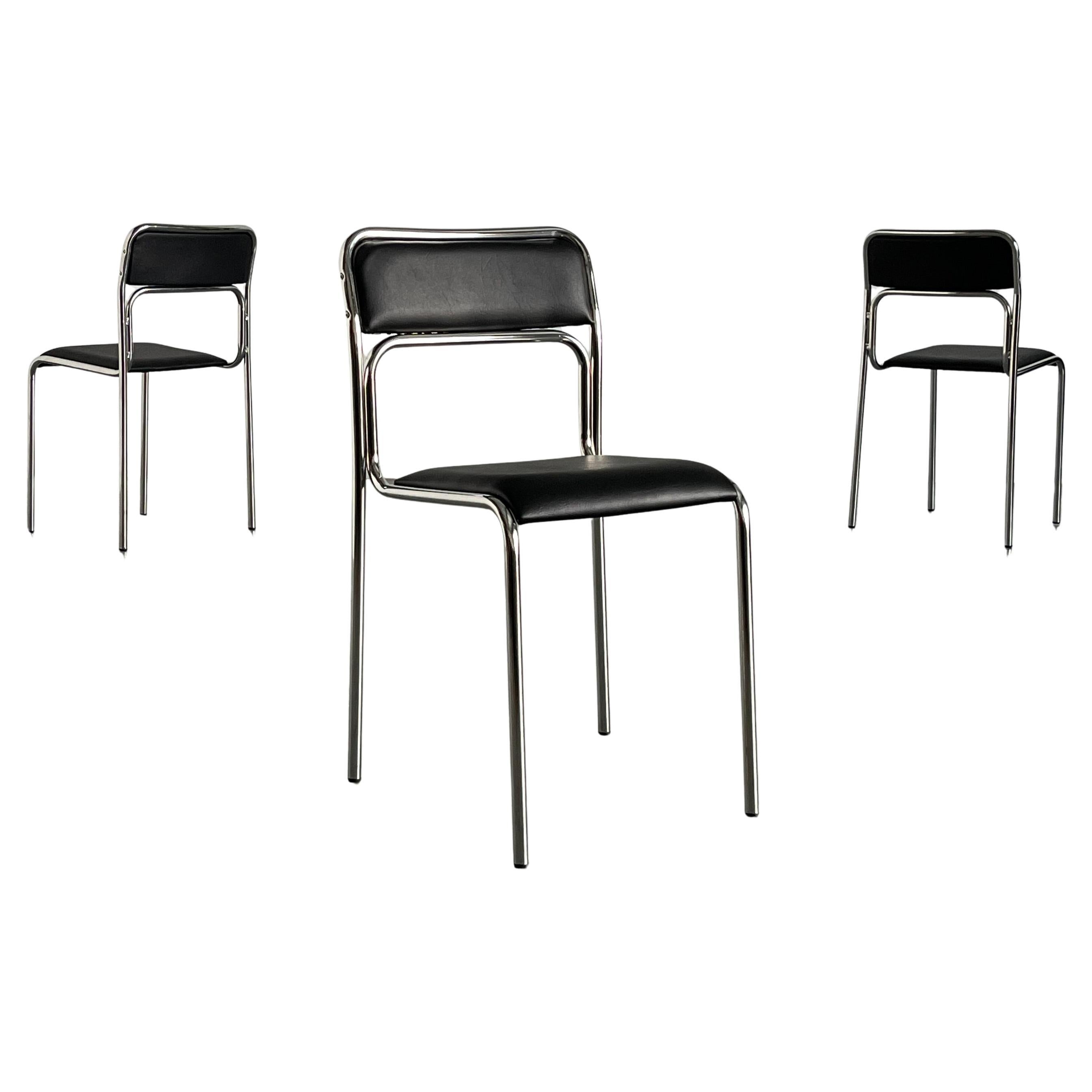 Sillas Bauhaus de acero tubular cromado y piel sintética negra, Modernismo italiano