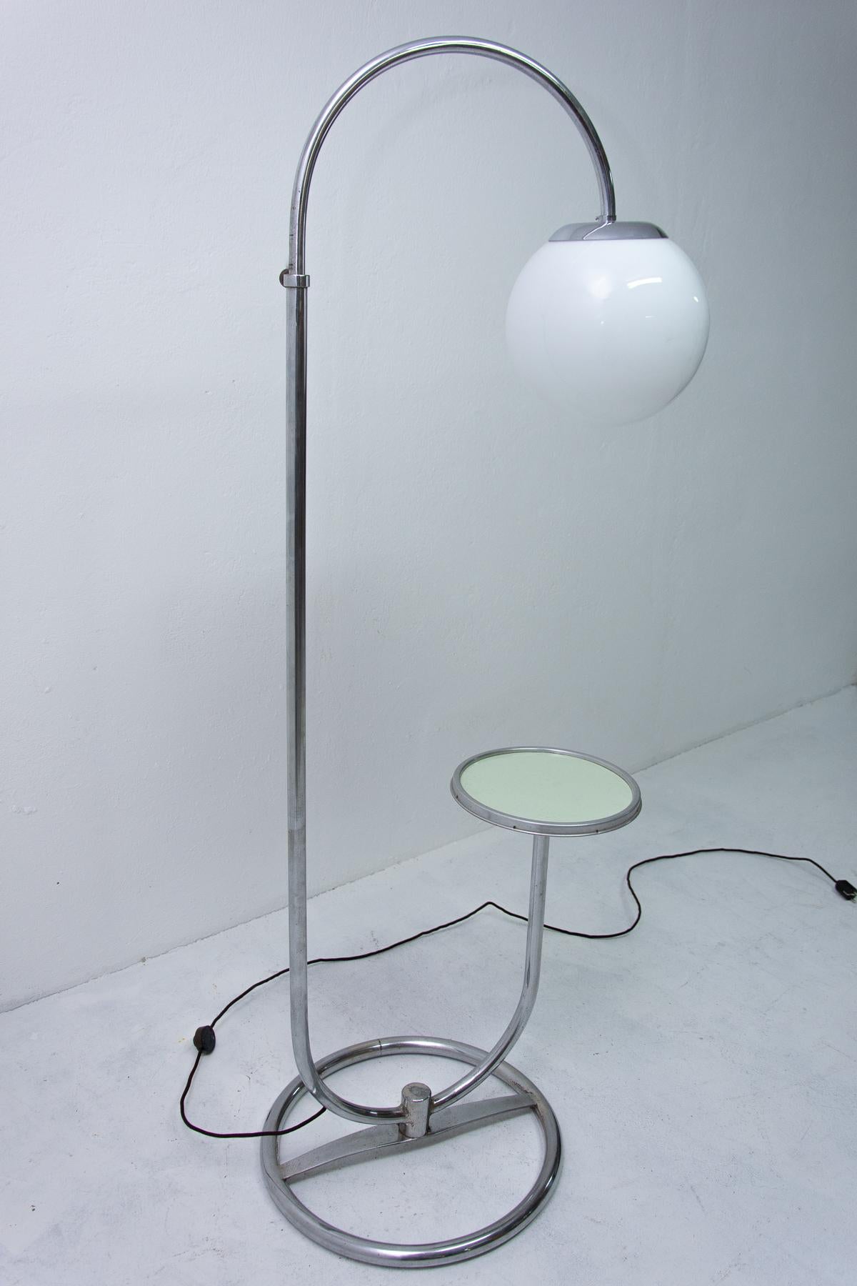 Milk Glass Bauhaus Chromed Floor Lamp by Robert Slezak, 1930s, Bohemia