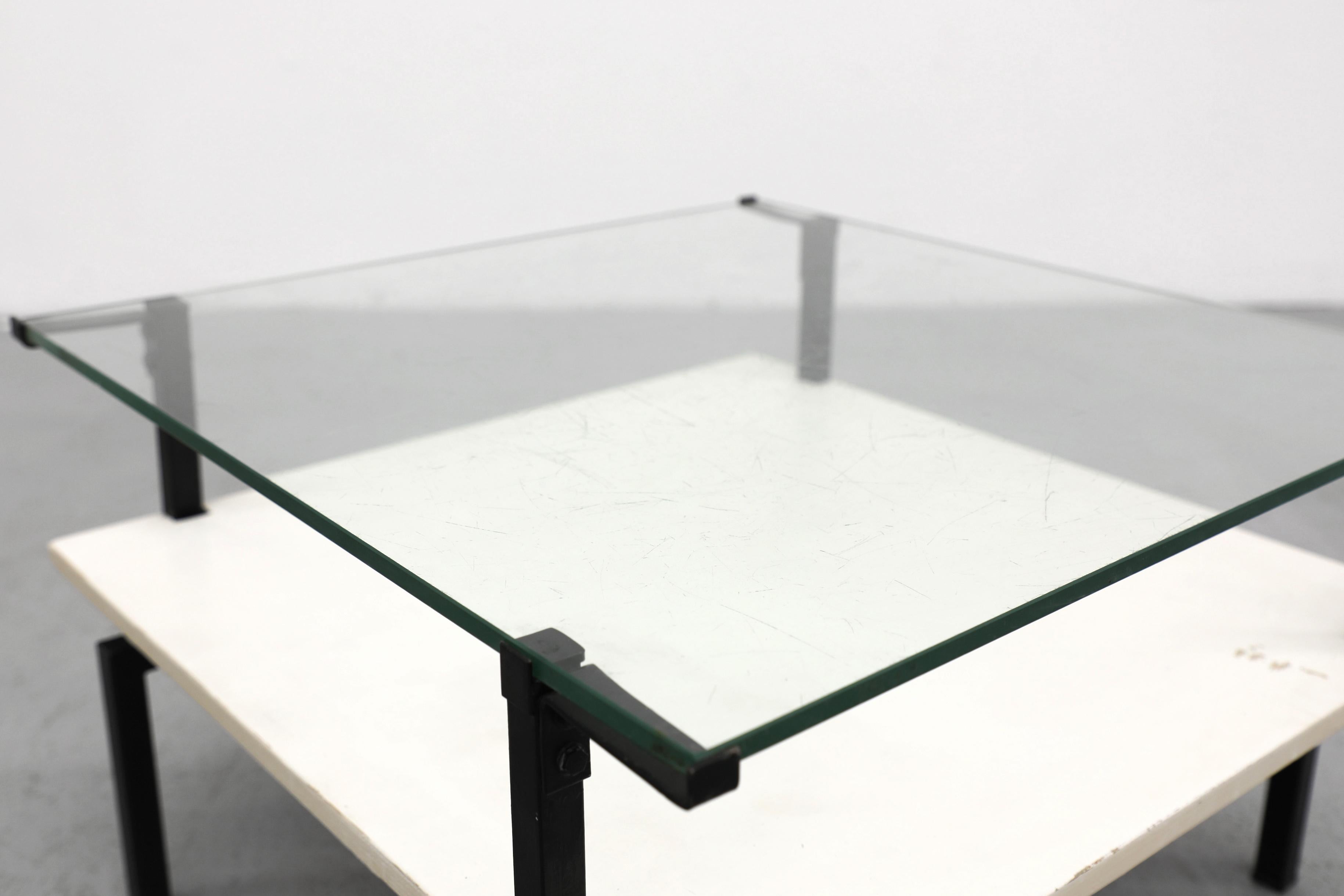 Bauhaus Coffee Table with Asymmetric Frame, Lower Shelf and Glass Top For Sale 7