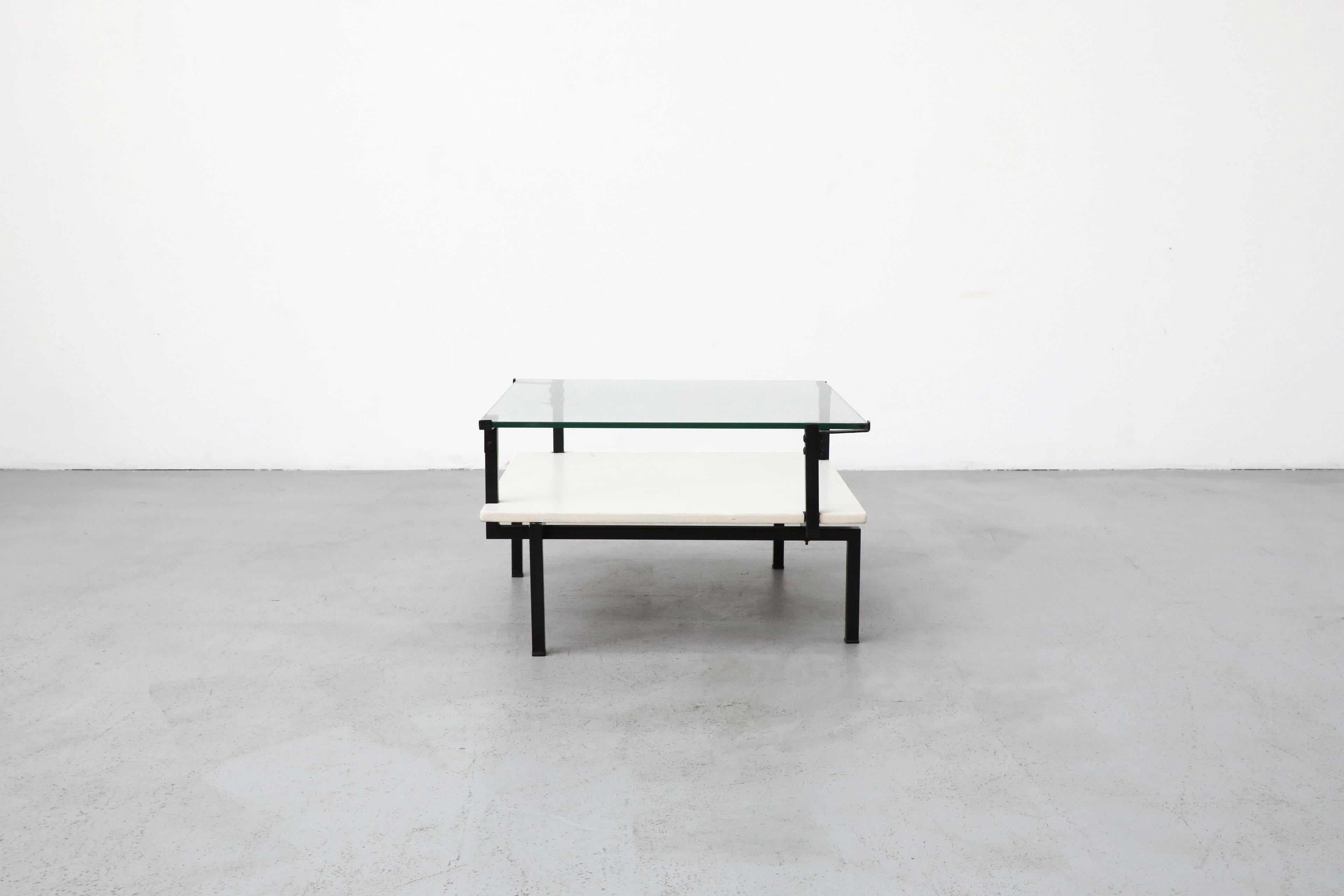 Dutch Bauhaus Coffee Table with Asymmetric Frame, Lower Shelf and Glass Top For Sale